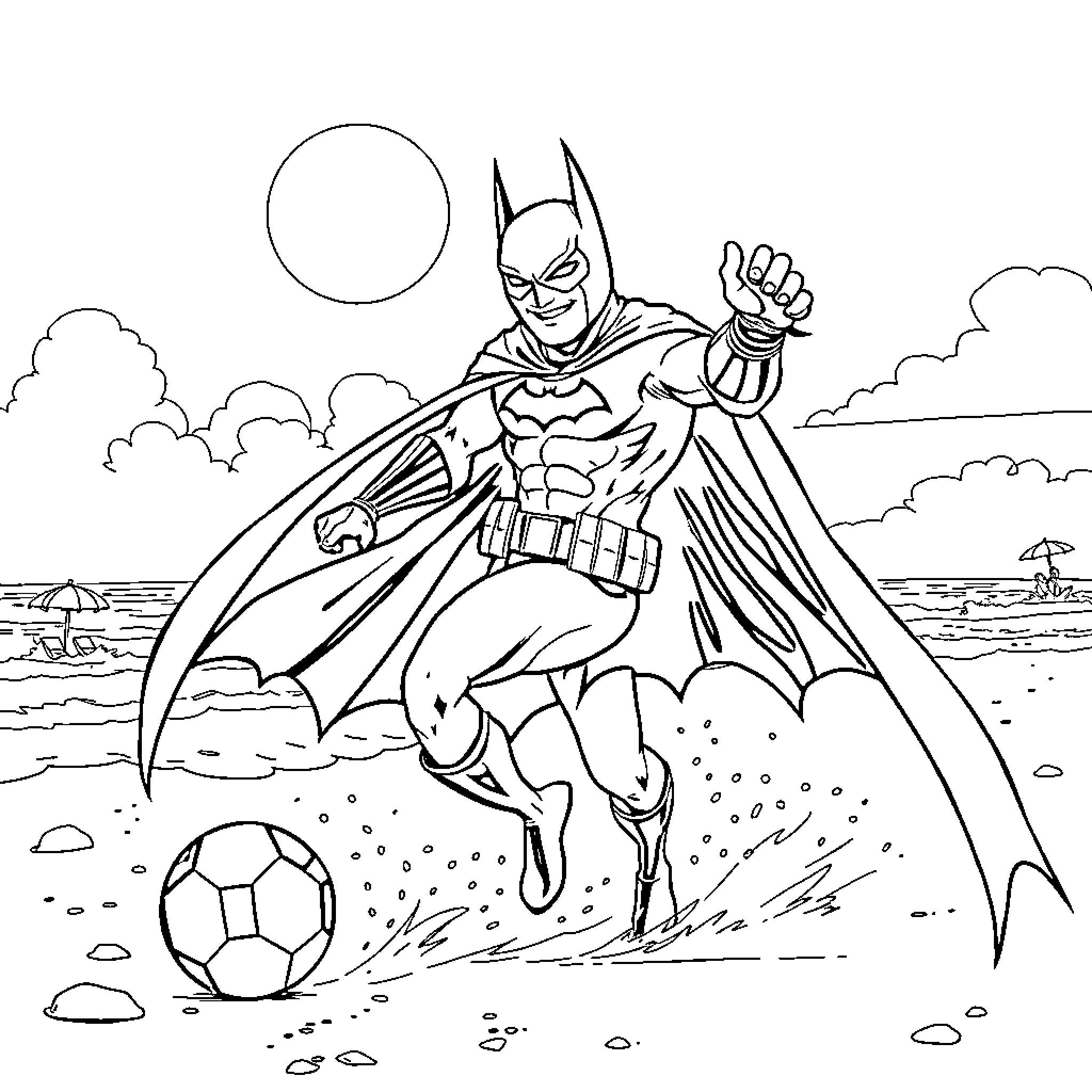 Batman playing soccer in the city Coloring Page (free black-and-white line drawing printable PDF for all, from beginners to advanced learners, including children, teens, adults, and seniors)