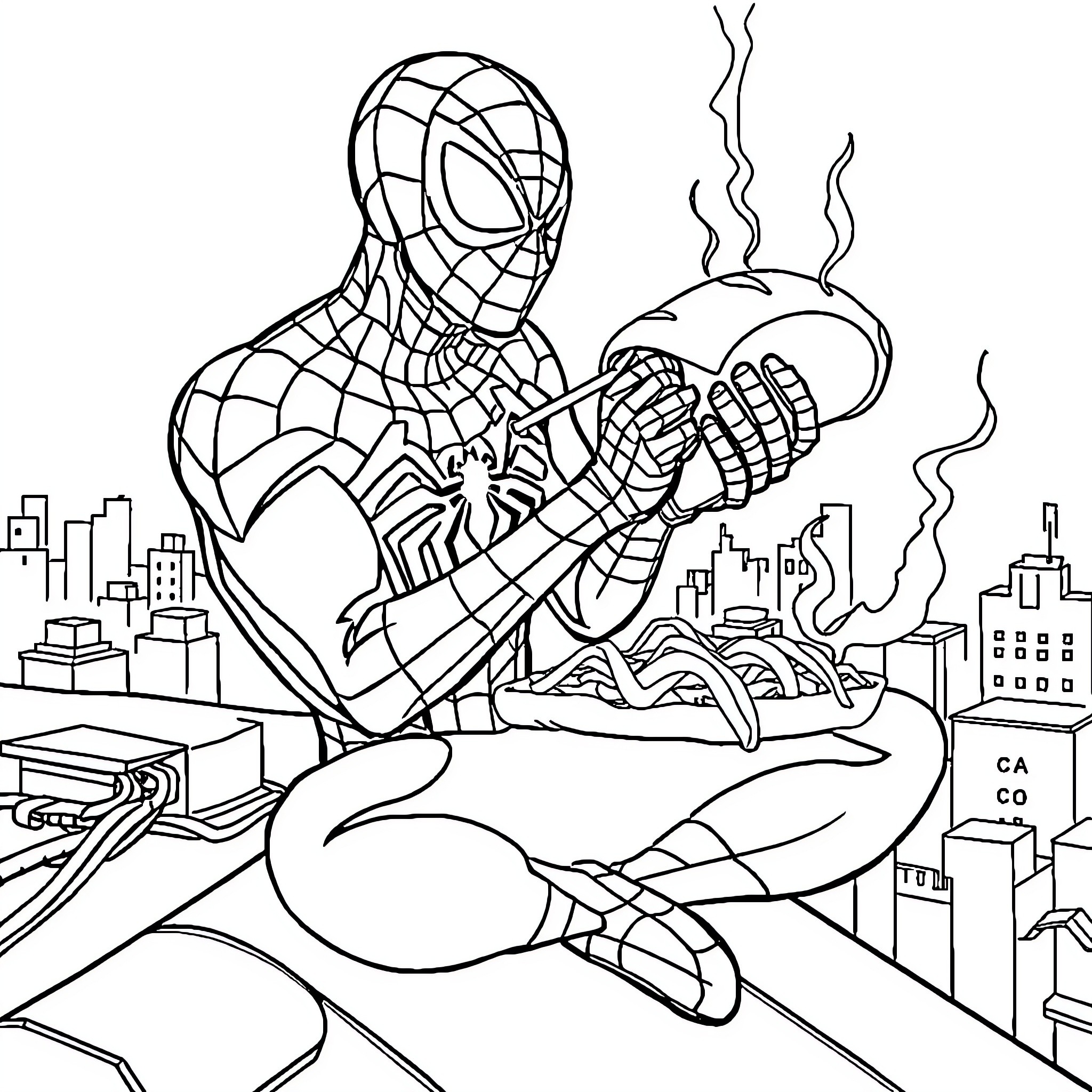 Spiderman swinging through the city on webs Coloring Page (free black-and-white line drawing printable PDF for all, from beginners to advanced learners, including children, teens, adults, and seniors)