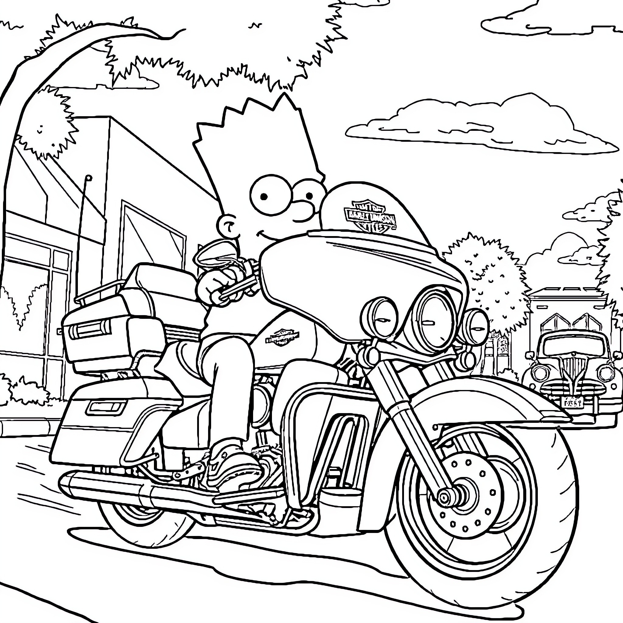 Bart Simpson riding a motorcycle in the city Coloring Page (free black-and-white line drawing printable PDF for all, from beginners to advanced learners, including children, teens, adults, and seniors)