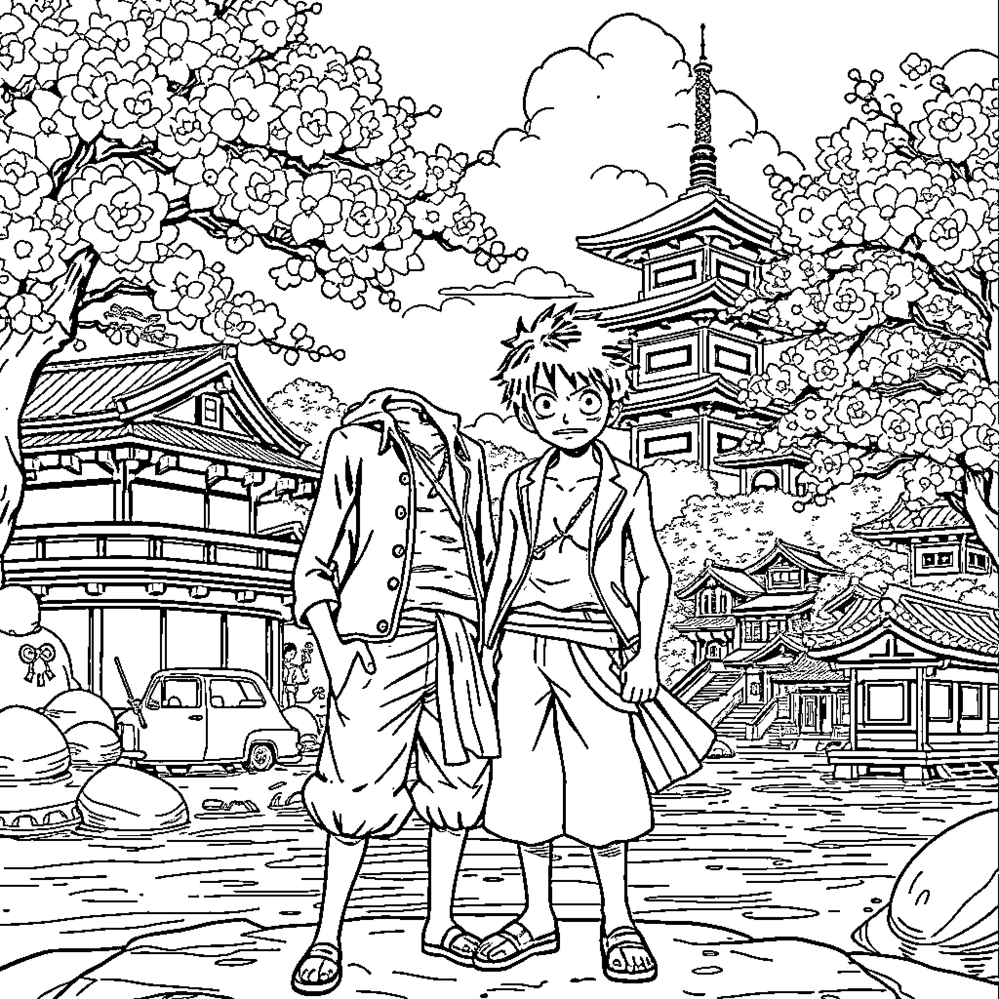 Roronoa Zoro enjoying a serene Japanese landscape Coloring Page (free black-and-white line drawing printable PDF for all, from beginners to advanced learners, including children, teens, adults, and seniors)