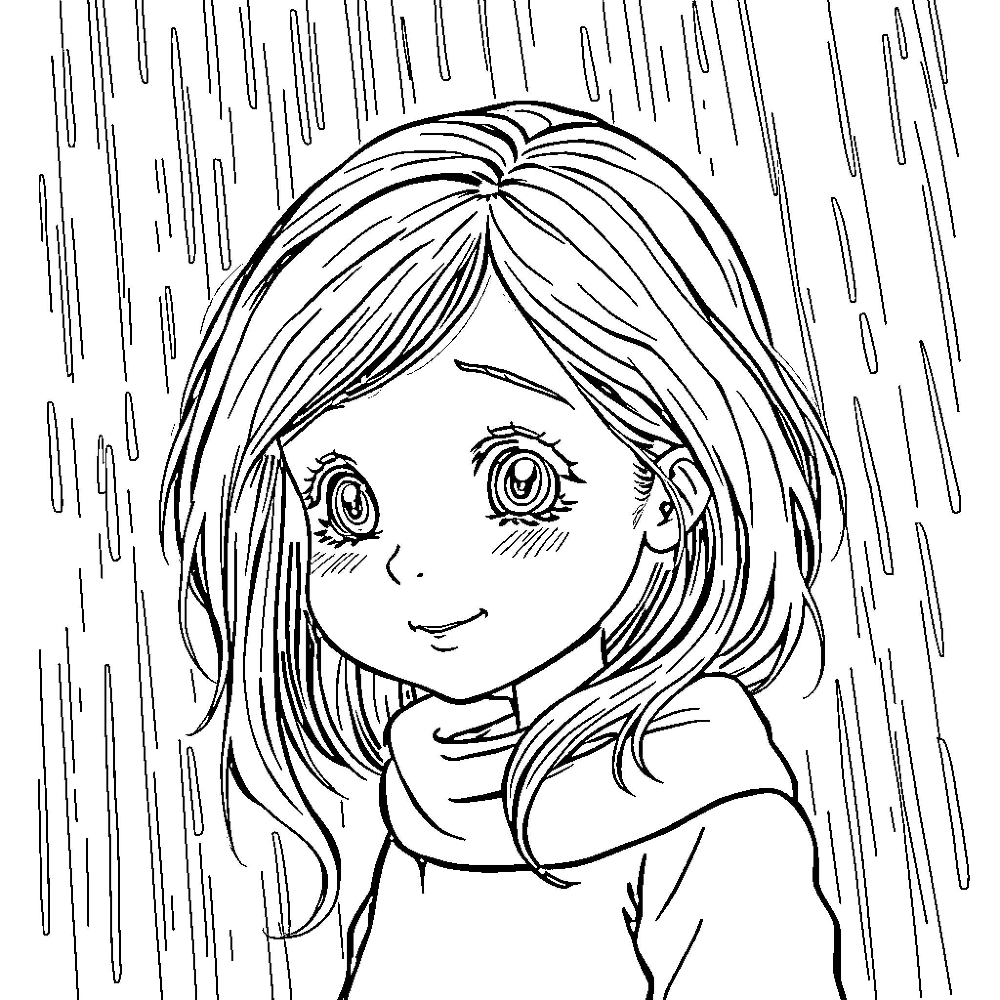 Rain falling on girl's smiling face Coloring Page (free black-and-white line drawing printable PDF for all, from beginners to advanced learners, including children, teens, adults, and seniors)