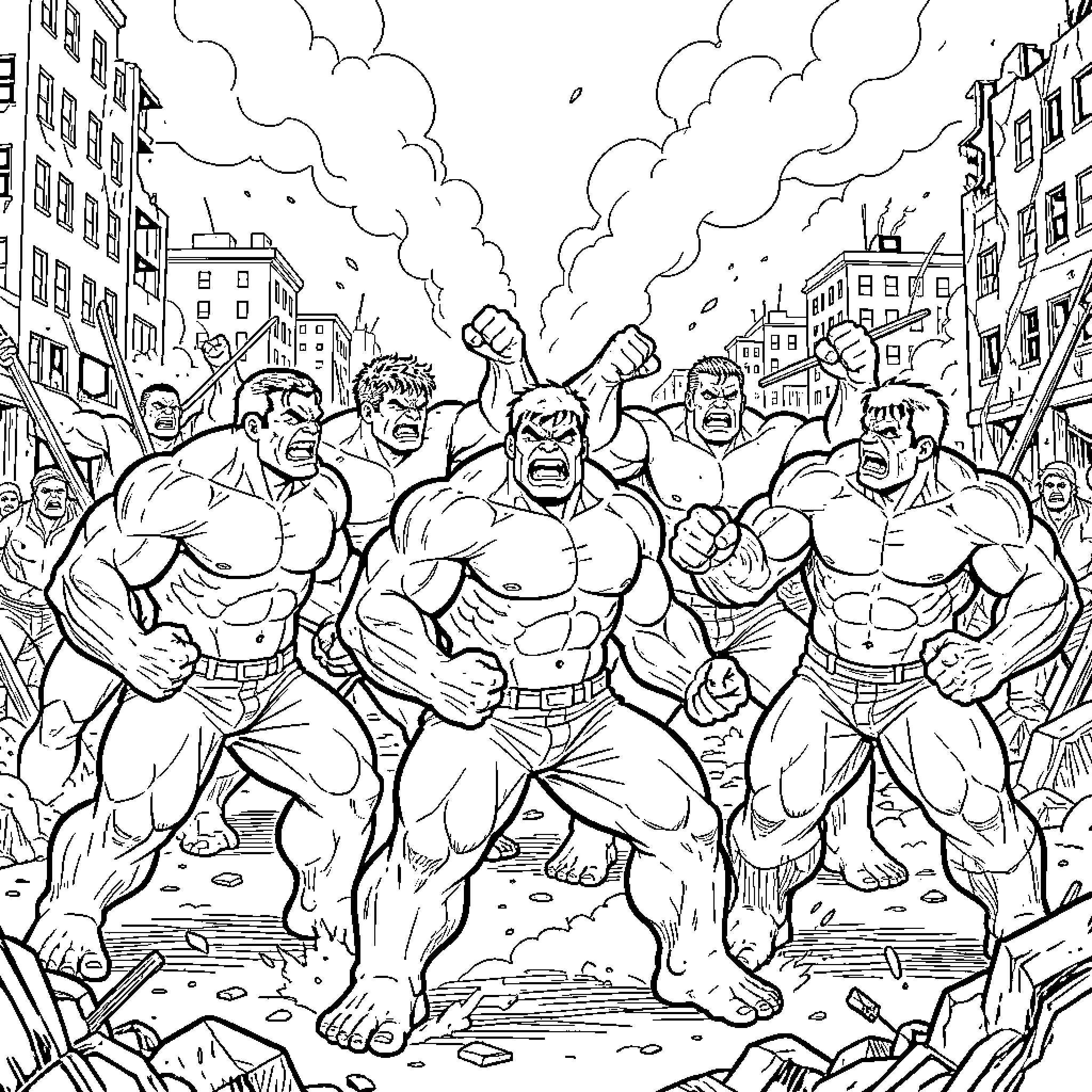 Hulk characters roaring amidst city ruins Coloring Page (free black-and-white line drawing printable PDF for all, from beginners to advanced learners, including children, teens, adults, and seniors)