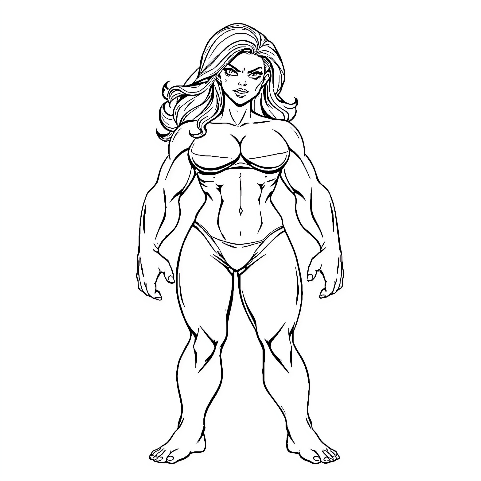 Shehulk displaying powerful physique Coloring Page (free black-and-white line drawing printable PDF for all, from beginners to advanced learners, including children, teens, adults, and seniors)
