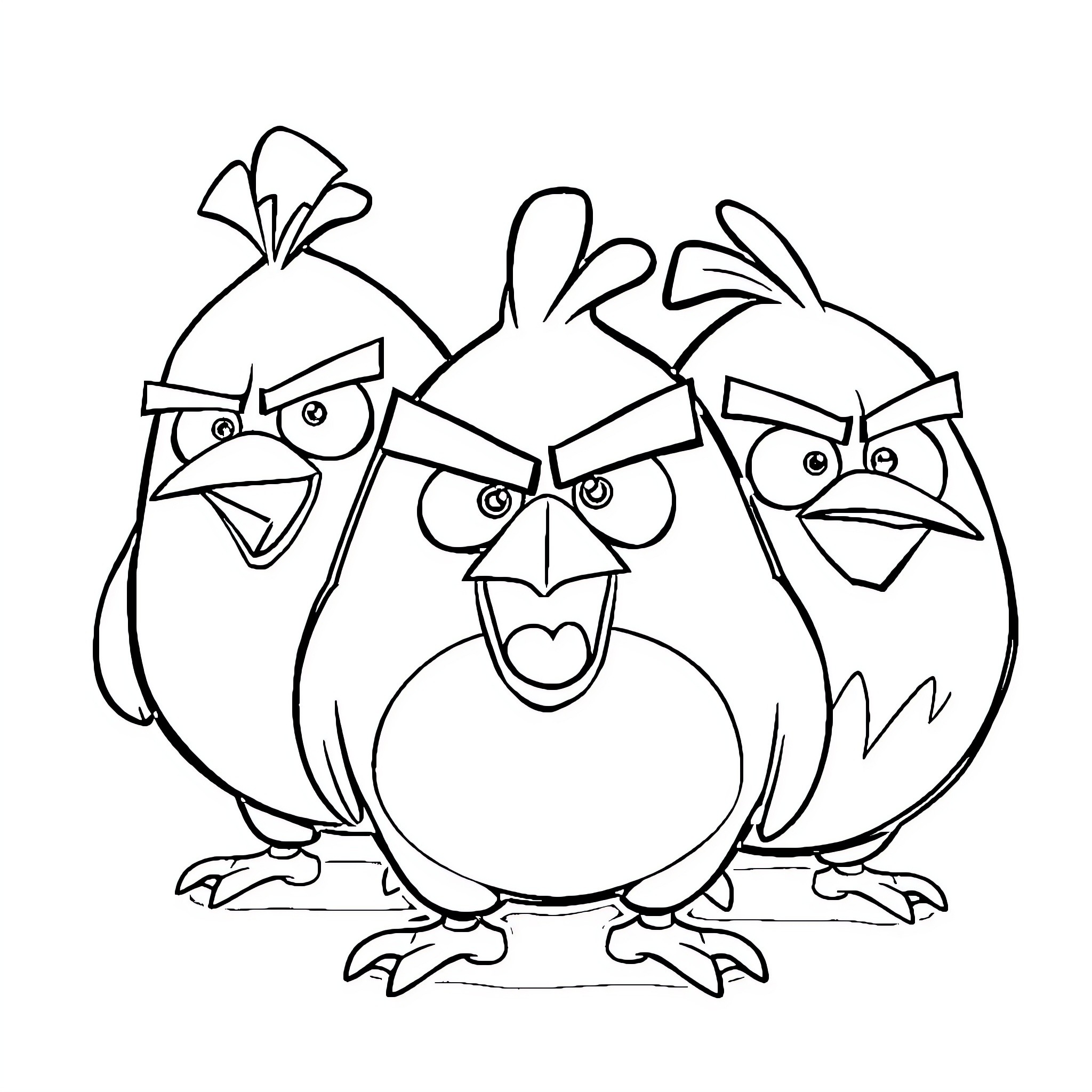 Bird friends with angry expressions Coloring Page (free black-and-white line drawing printable PDF for all, from beginners to advanced learners, including children, teens, adults, and seniors)