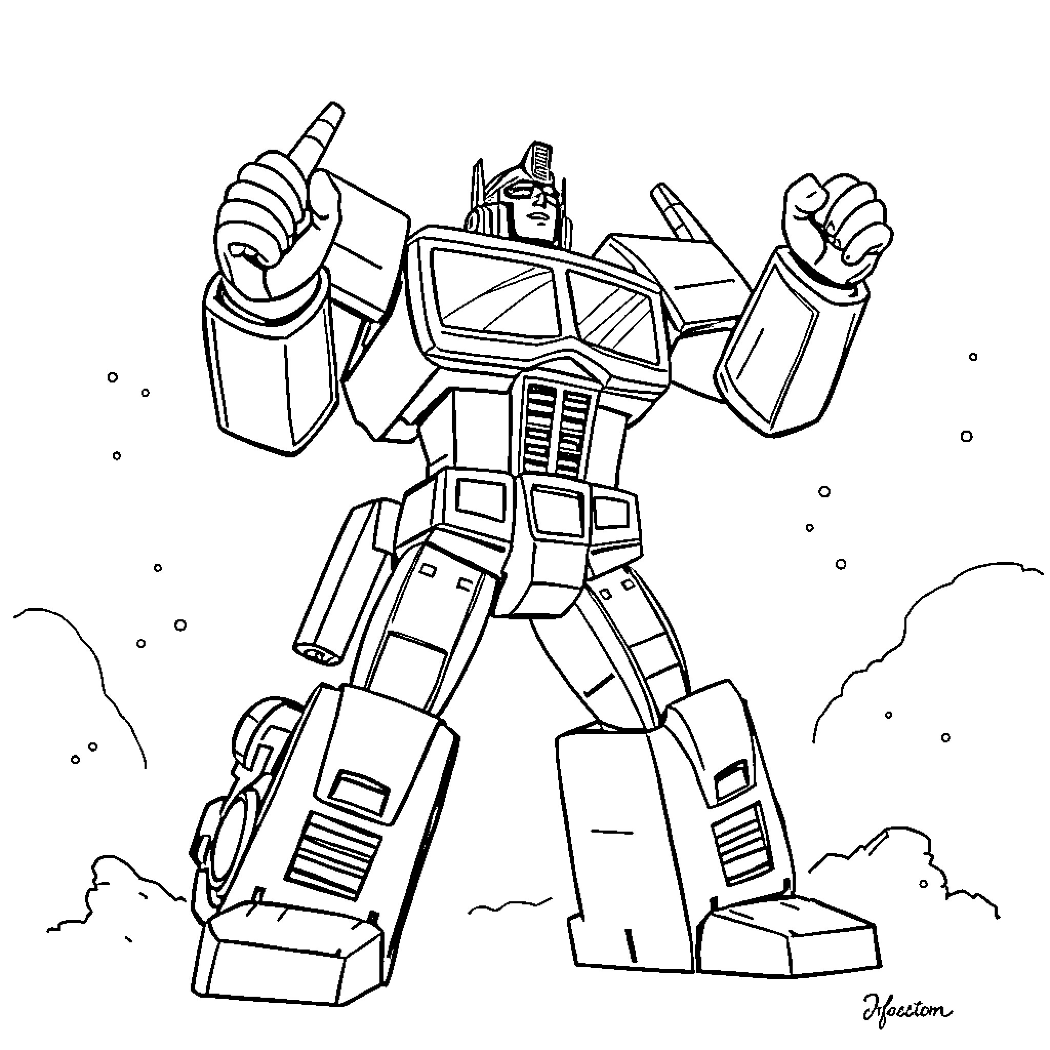 Optimus Prime ready for action in epic pose Coloring Page (free black-and-white line drawing printable PDF for all, from beginners to advanced learners, including children, teens, adults, and seniors)