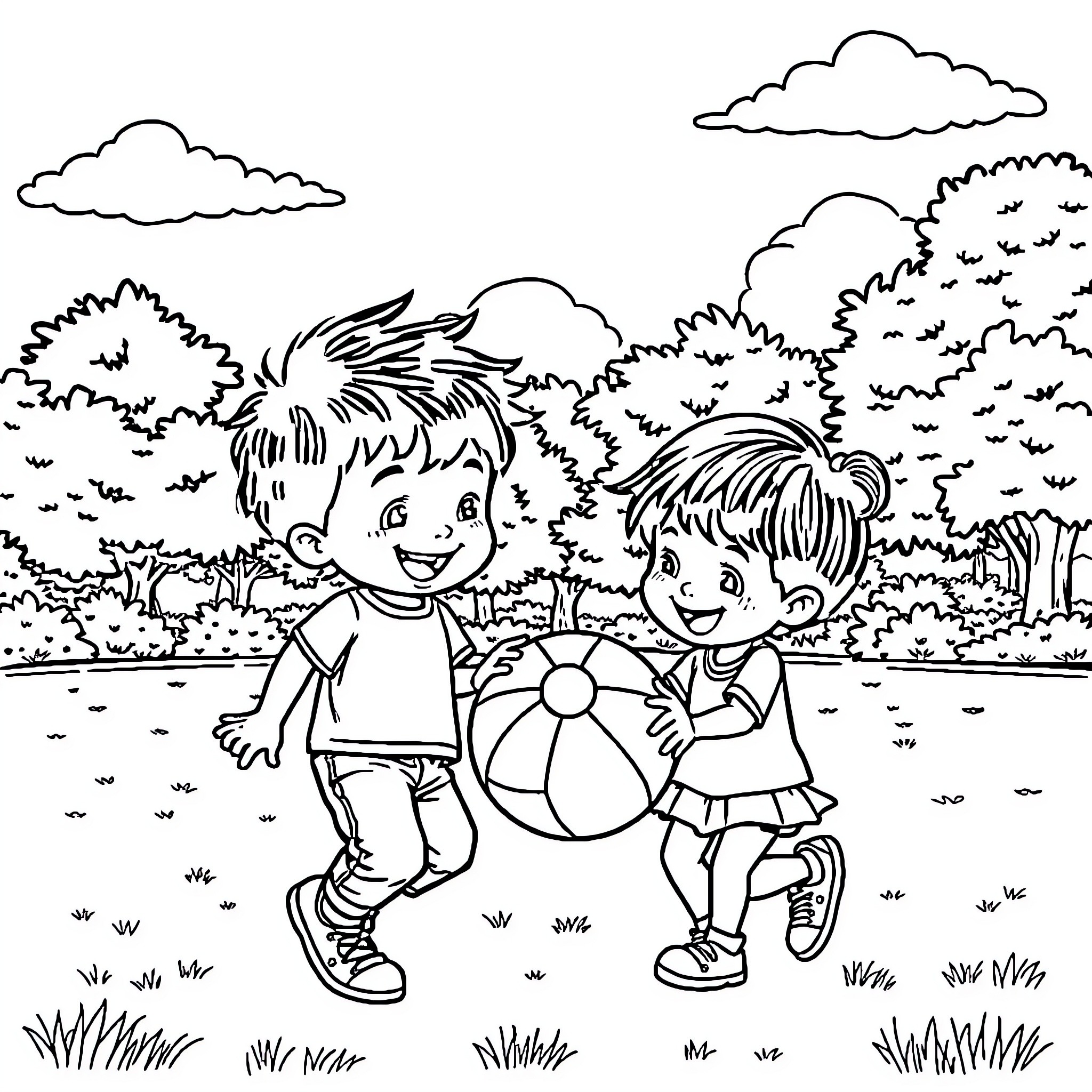 Butt-kicking kids play with ball in park Coloring Page (free black-and-white line drawing printable PDF for all, from beginners to advanced learners, including children, teens, adults, and seniors)