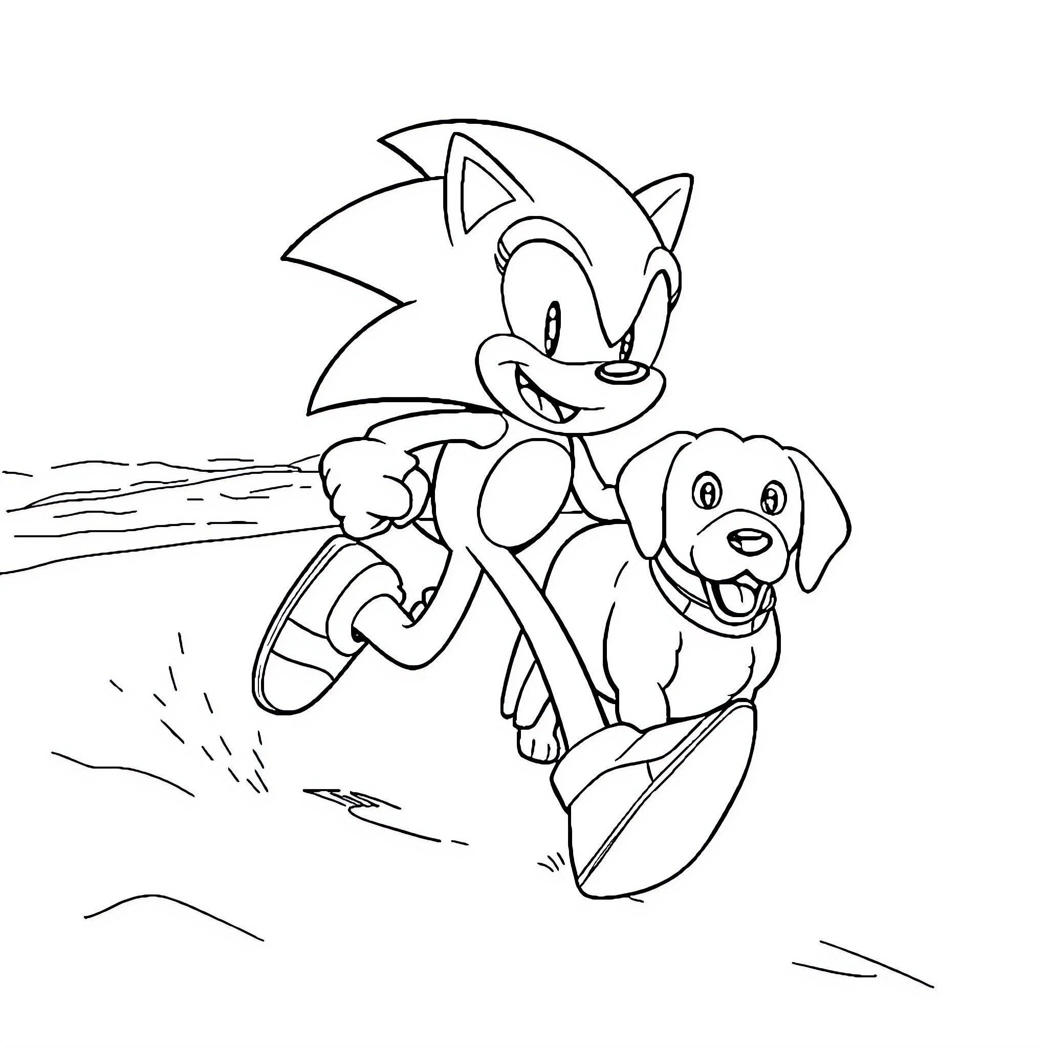 Sonic enjoying a beach day with his canine companion Coloring Page (free black-and-white line drawing printable PDF for all, from beginners to advanced learners, including children, teens, adults, and seniors)