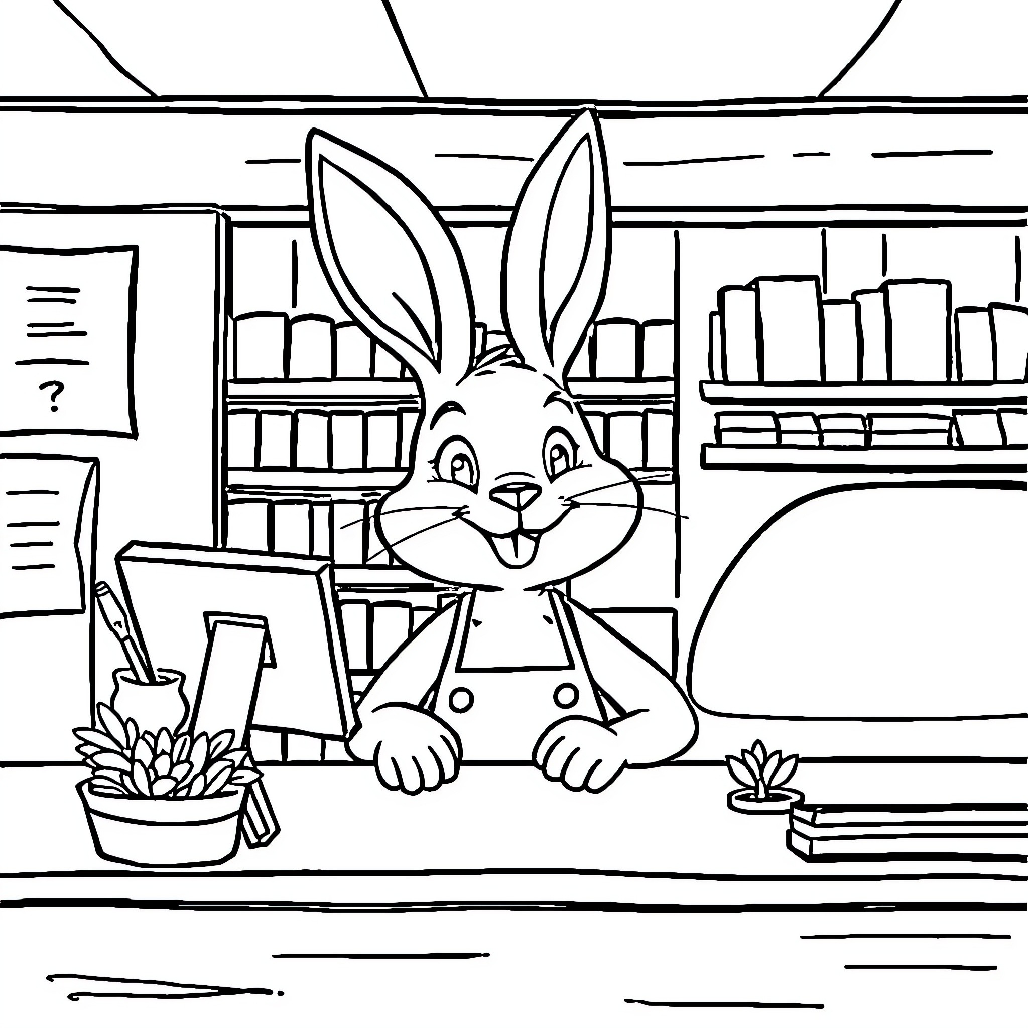 Bunny working at an office desk Coloring Page (free black-and-white line drawing printable PDF for all, from beginners to advanced learners, including children, teens, adults, and seniors)
