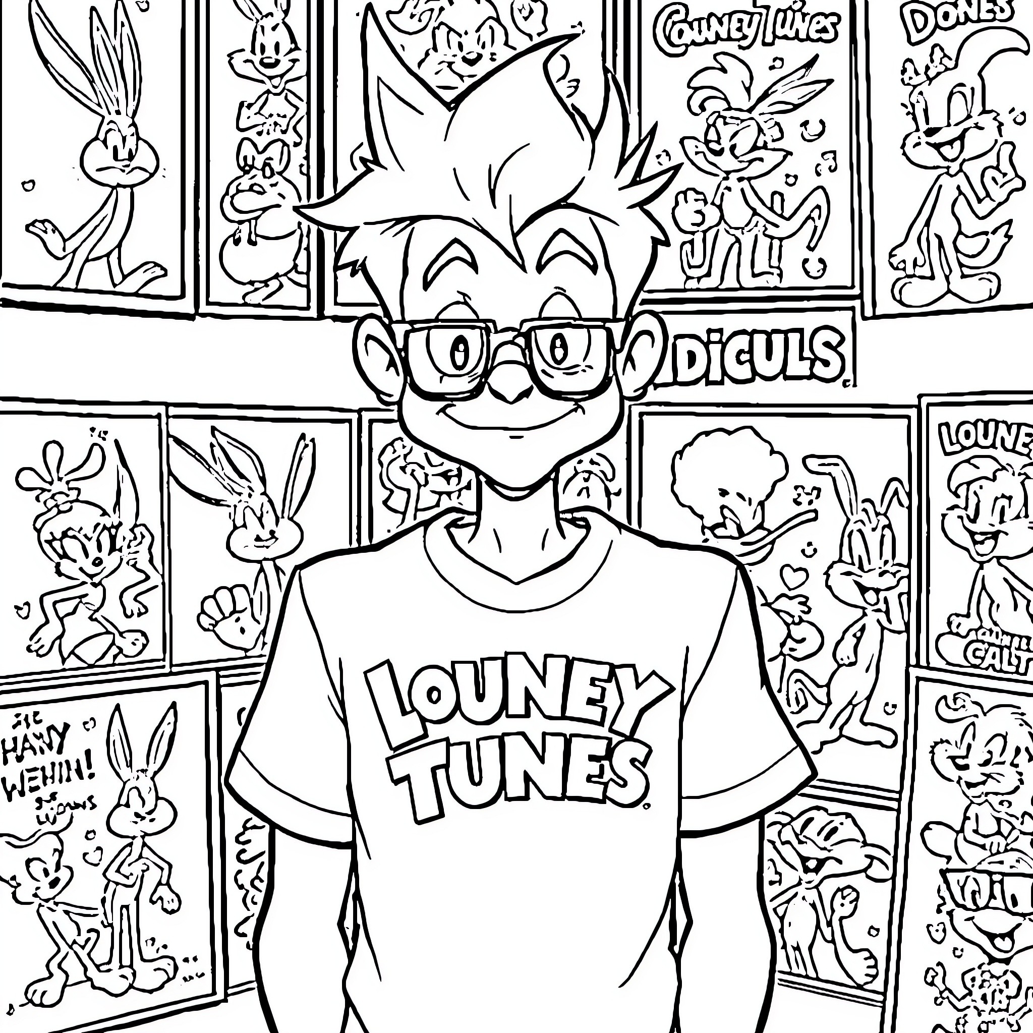 Looney Tunes characters in a lively and dynamic scene Coloring Page (free black-and-white line drawing printable PDF for all, from beginners to advanced learners, including children, teens, adults, and seniors)