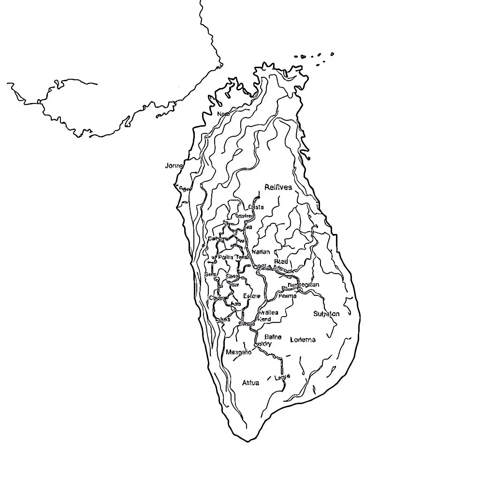 Map of geographical features and regions Coloring Page (free black-and-white line drawing printable PDF for all, from beginners to advanced learners, including children, teens, adults, and seniors)