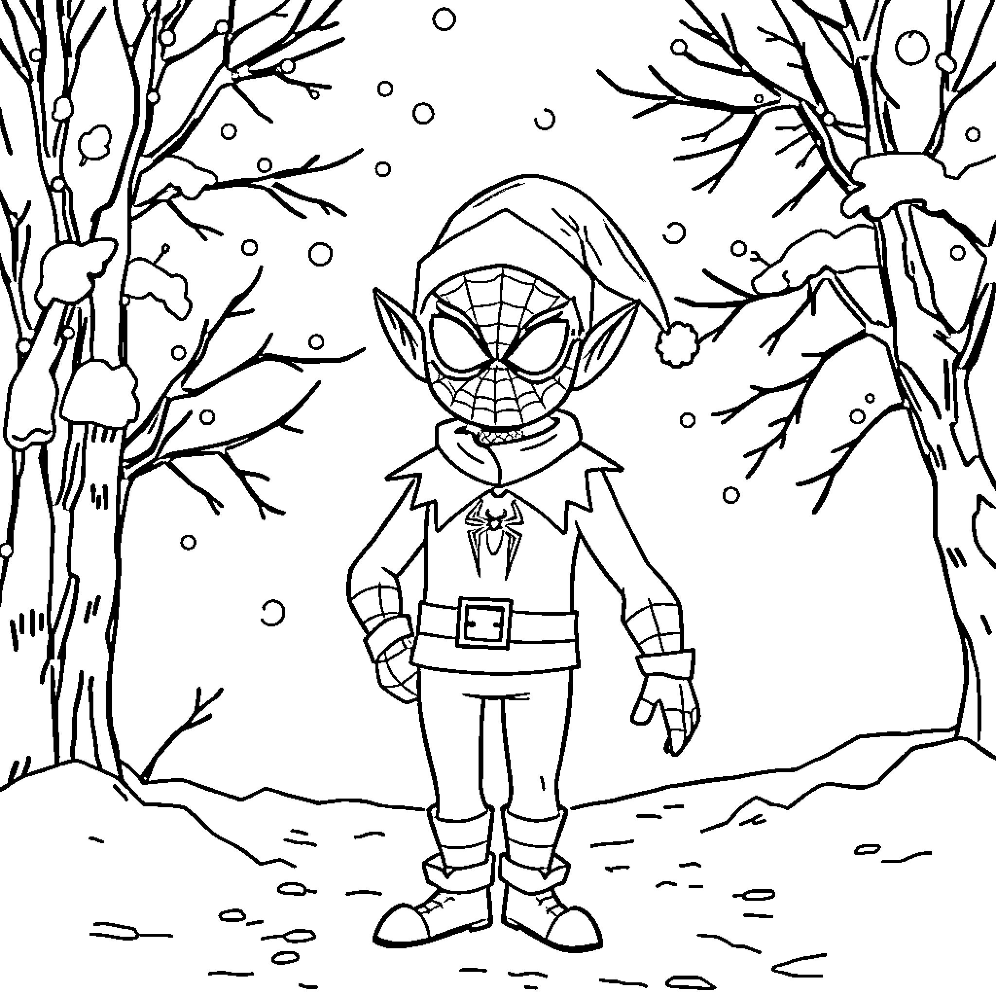 Spiderman in a wintry wonderland Coloring Page (free black-and-white line drawing printable PDF for all, from beginners to advanced learners, including children, teens, adults, and seniors)