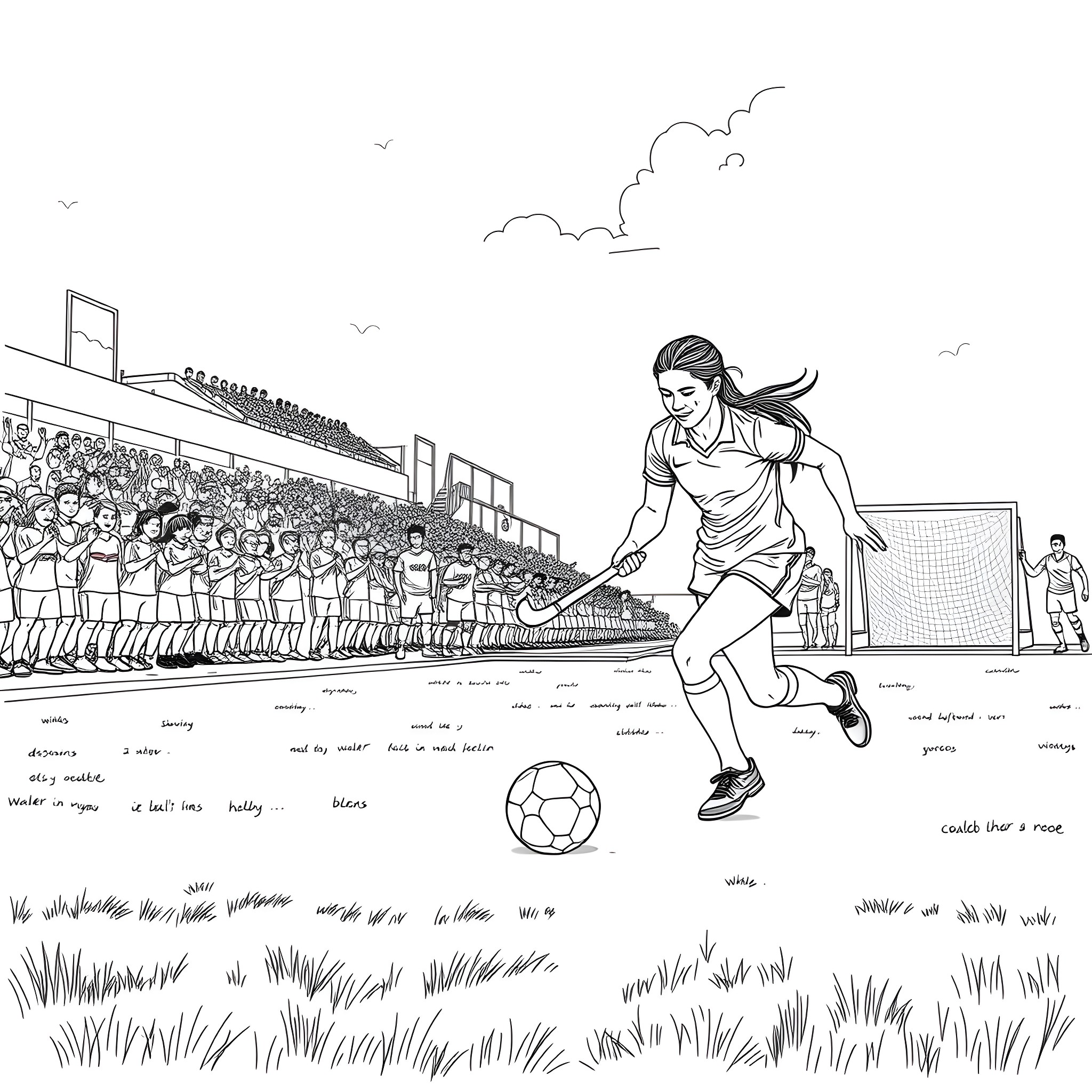 Field Hockey Player in Action on the Field Coloring Page (free black-and-white line drawing printable PDF for all, from beginners to advanced learners, including children, teens, adults, and seniors)