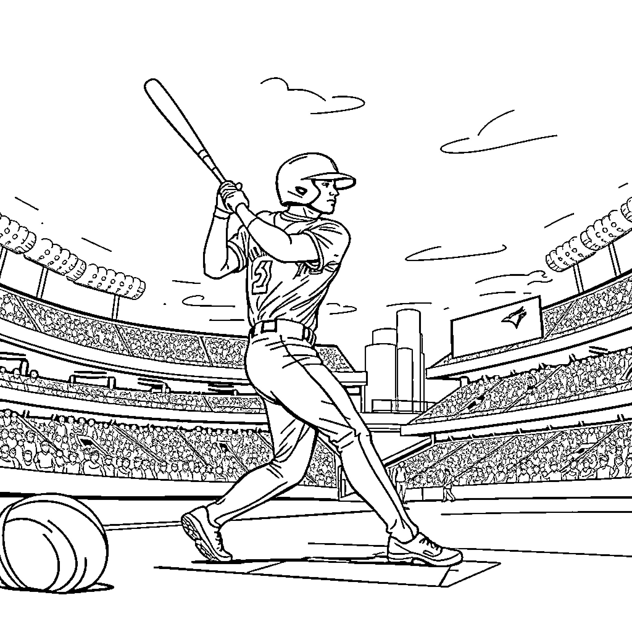 Blue Jay Baseball Player Batting in Stadium Coloring Page (free black-and-white line drawing printable PDF for all, from beginners to advanced learners, including children, teens, adults, and seniors)
