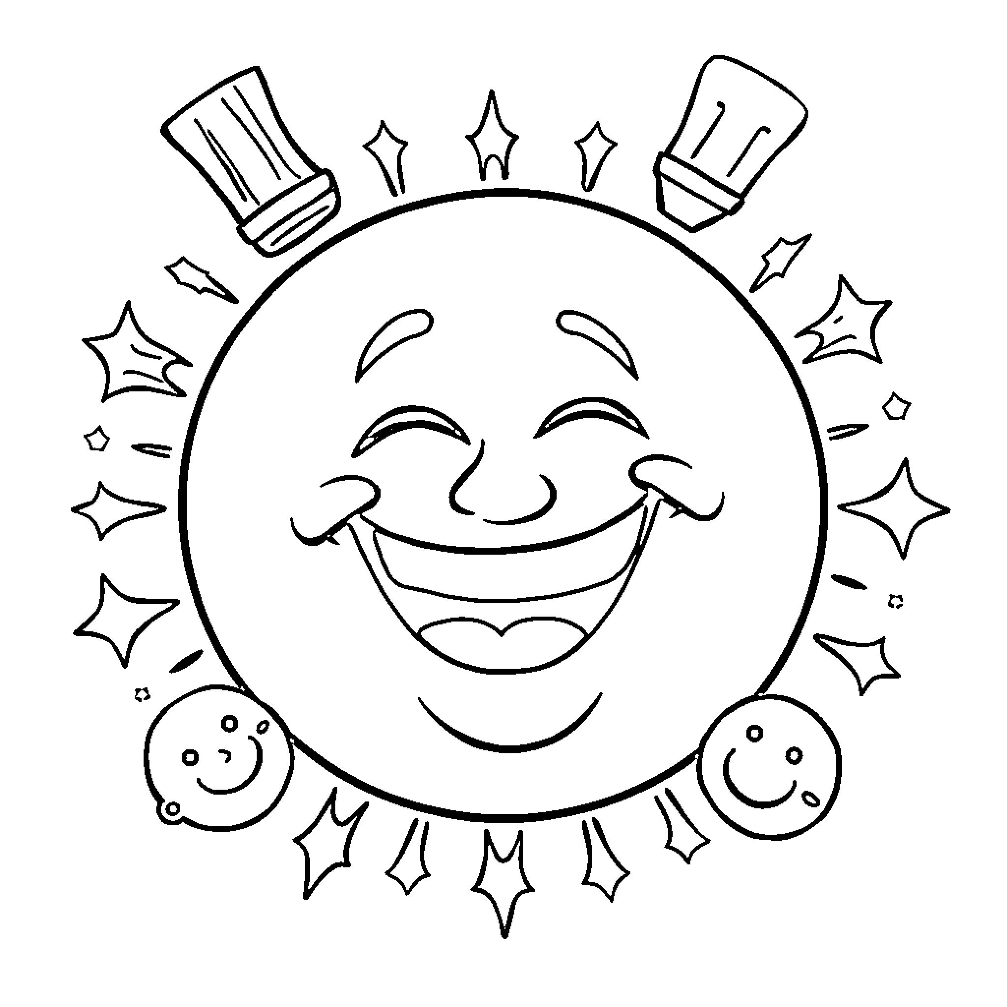 Laughing Face with Whimsical Accessories Coloring Page (free black-and-white line drawing printable PDF for all, from beginners to advanced learners, including children, teens, adults, and seniors)