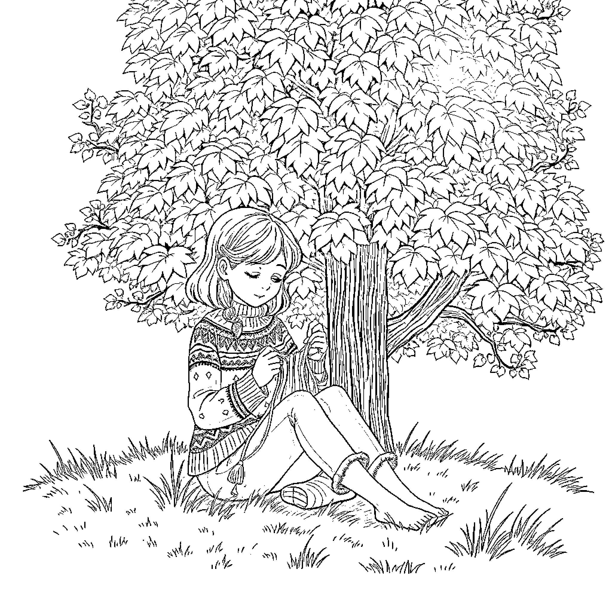 Girl resting under a lush, leafy tree Coloring Page (free black-and-white line drawing printable PDF for all, from beginners to advanced learners, including children, teens, adults, and seniors)