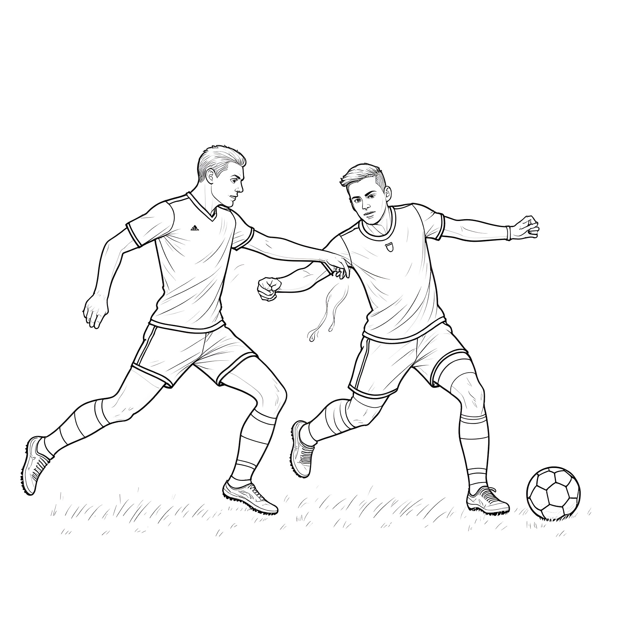 Soccer Players Competing on Field Coloring Page (free black-and-white line drawing printable PDF for all, from beginners to advanced learners, including children, teens, adults, and seniors)