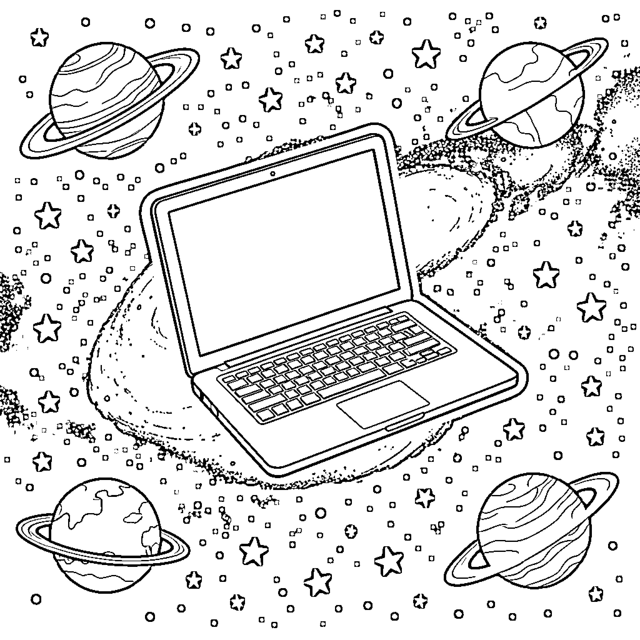 Laptop floating amidst planets and stars in space Coloring Page (free black-and-white line drawing printable PDF for all, from beginners to advanced learners, including children, teens, adults, and seniors)