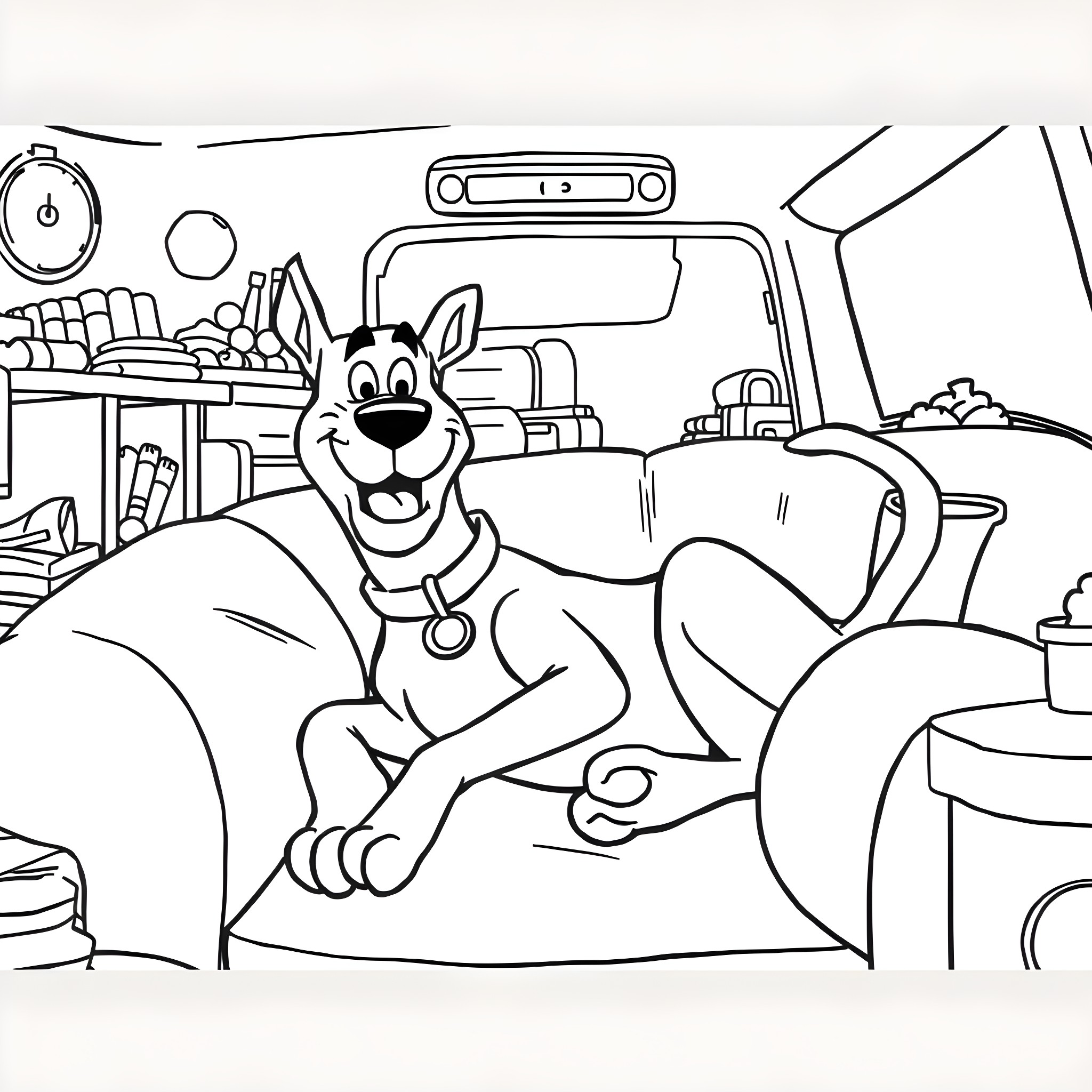 Scooby Doo relaxing in a messy home environment Coloring Page (free black-and-white line drawing printable PDF for all, from beginners to advanced learners, including children, teens, adults, and seniors)