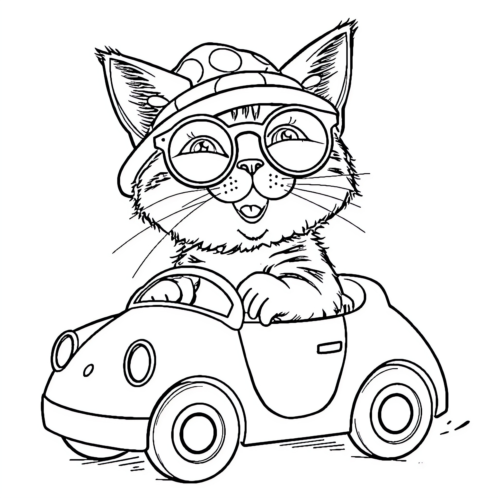 Cat in a Quirky Car Coloring Page (free black-and-white line drawing printable PDF for all, from beginners to advanced learners, including children, teens, adults, and seniors)