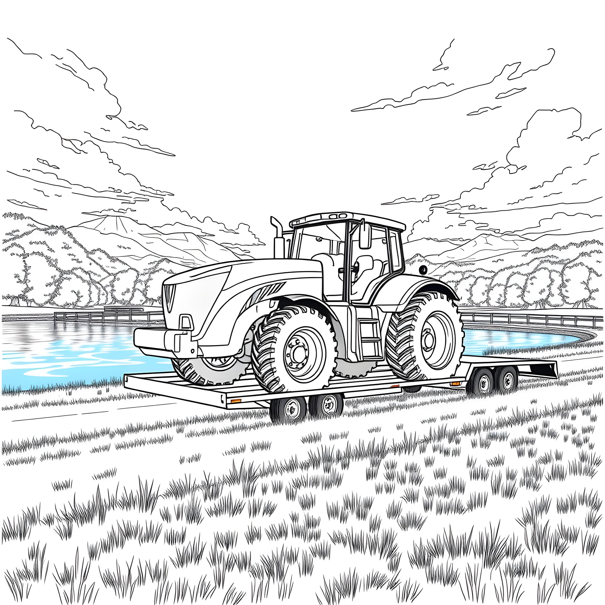 Tractor hauling on a rugged rural landscape Coloring Page (free black-and-white line drawing printable PDF for all, from beginners to advanced learners, including children, teens, adults, and seniors)