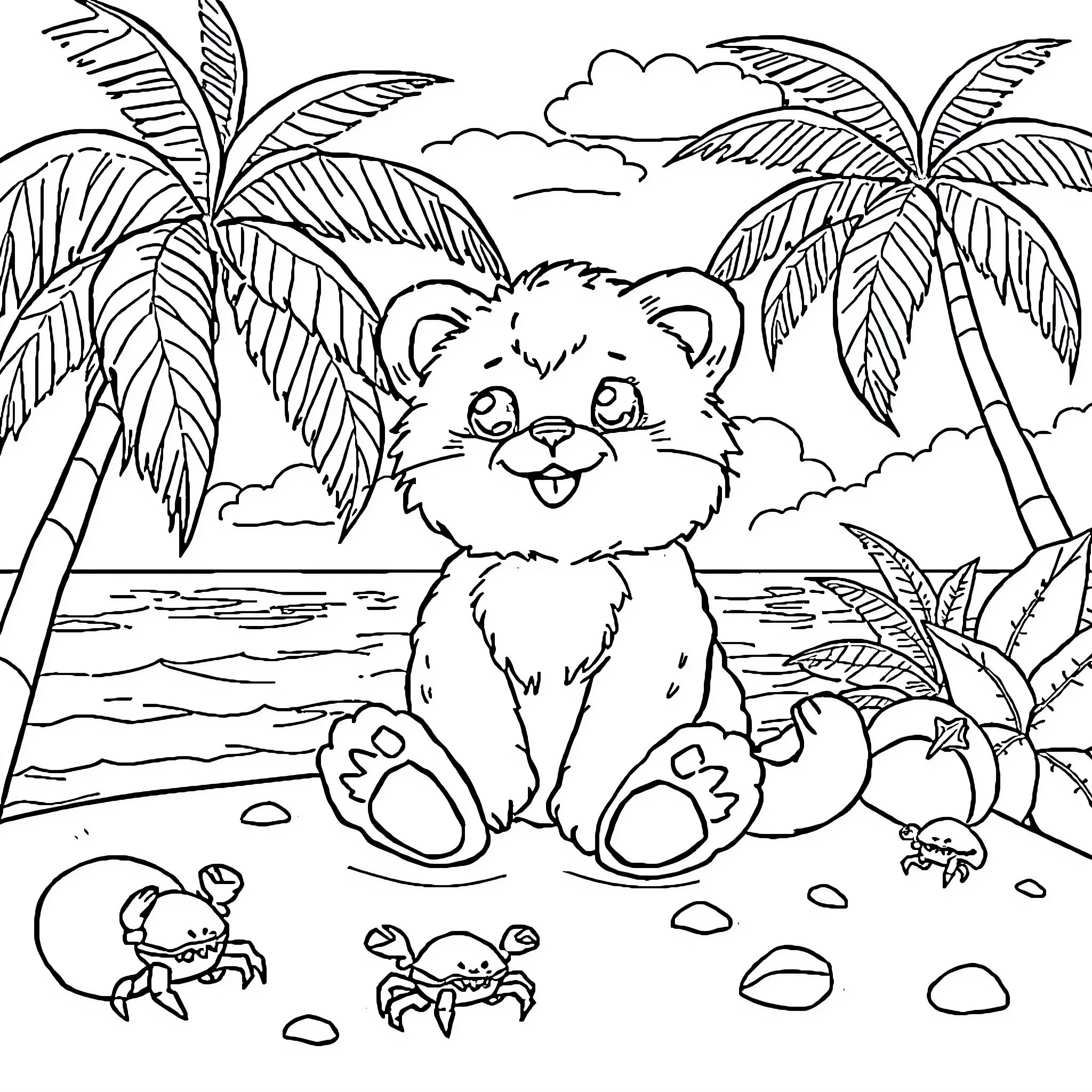 Jelly Cat playing happily on the tropical beach Coloring Page (free black-and-white line drawing printable PDF for all, from beginners to advanced learners, including children, teens, adults, and seniors)