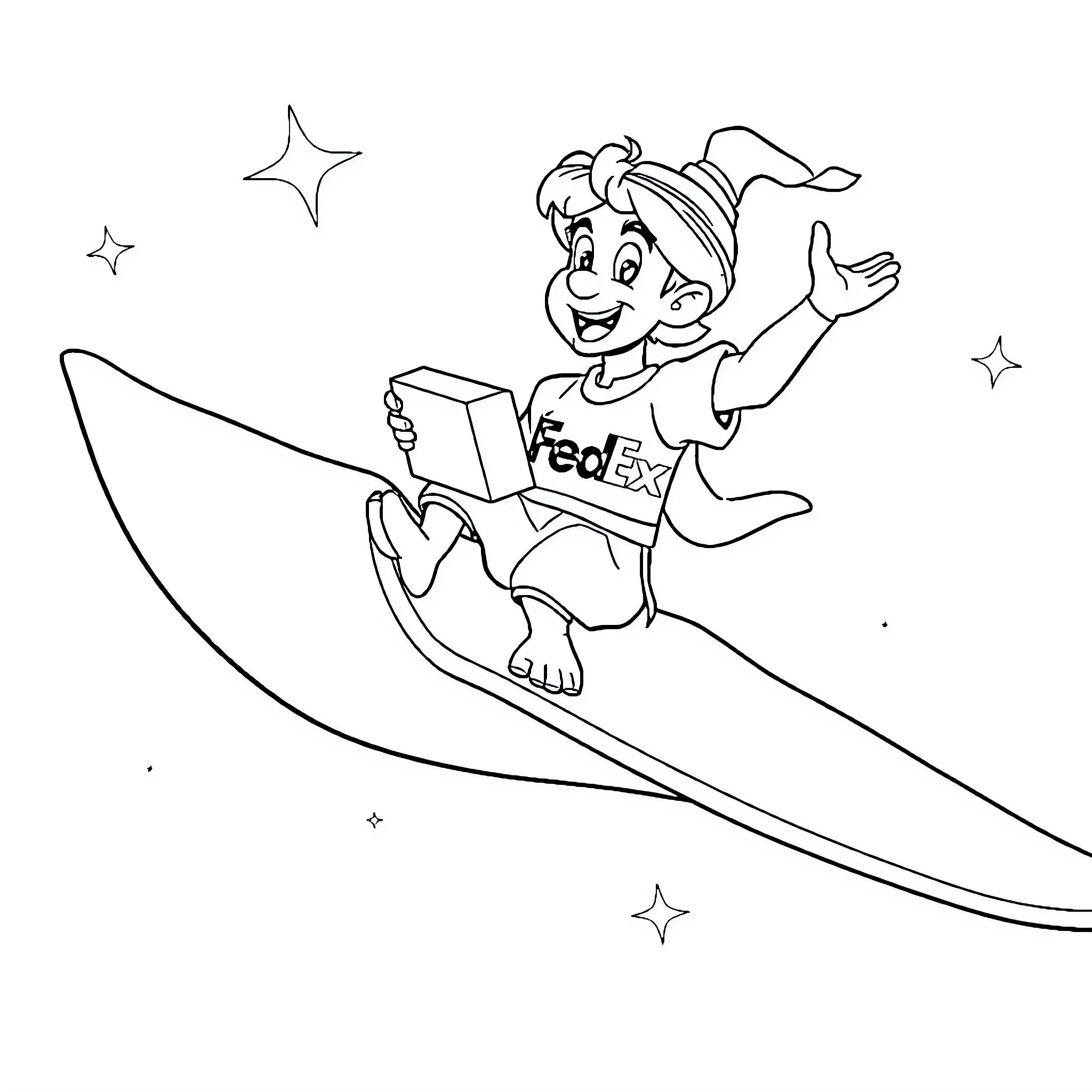 Aladdin Riding a Magic Carpet with a Book Coloring Page (free black-and-white line drawing printable PDF for all, from beginners to advanced learners, including children, teens, adults, and seniors)