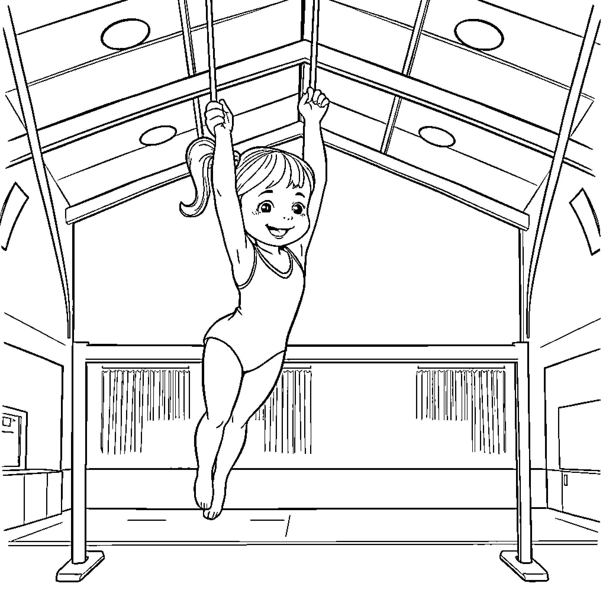 Girl Hanging on Gymnastics Bars Coloring Page (free black-and-white line drawing printable PDF for all, from beginners to advanced learners, including children, teens, adults, and seniors)