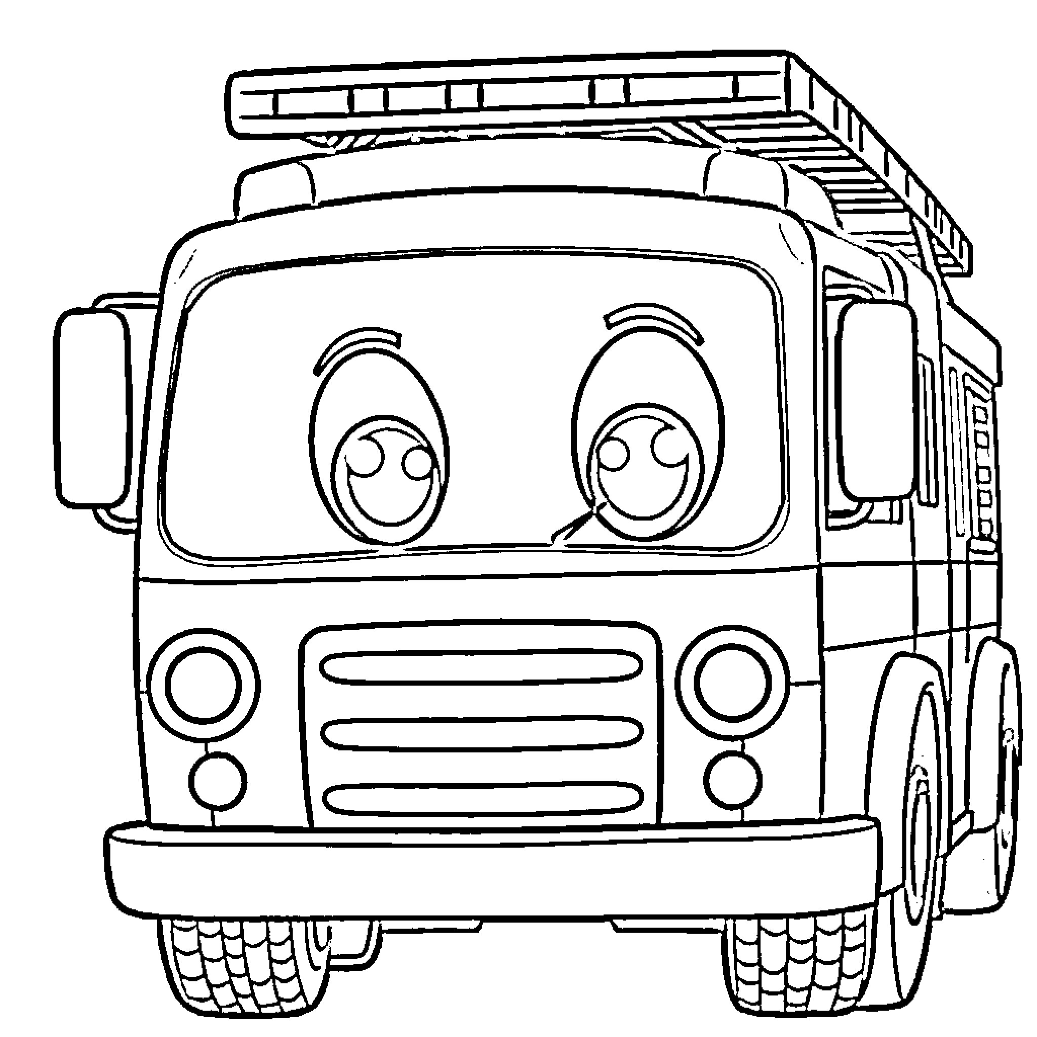 Firetruck with friendly expressions rushing to assist Coloring Page (free black-and-white line drawing printable PDF for all, from beginners to advanced learners, including children, teens, adults, and seniors)