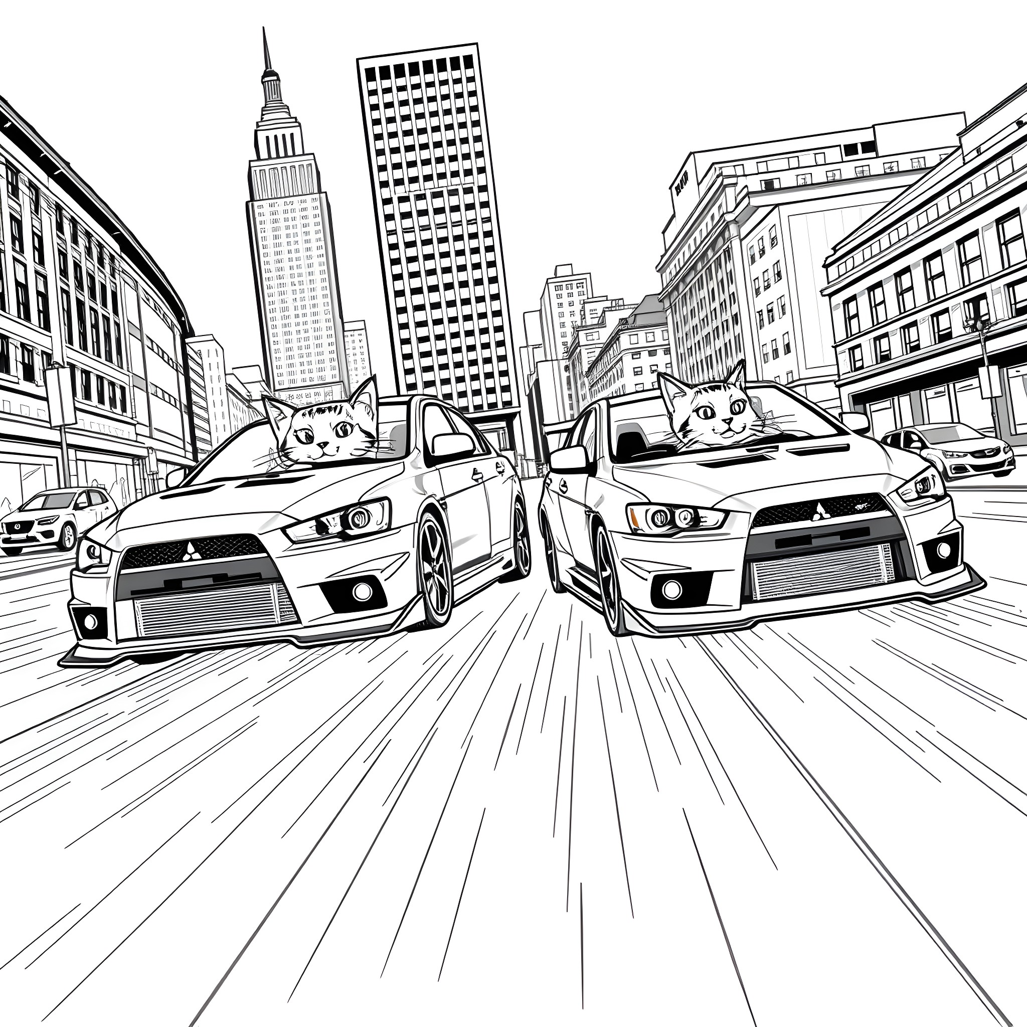 Cats riding sports cars in the city Coloring Page (free black-and-white line drawing printable PDF for all, from beginners to advanced learners, including children, teens, adults, and seniors)