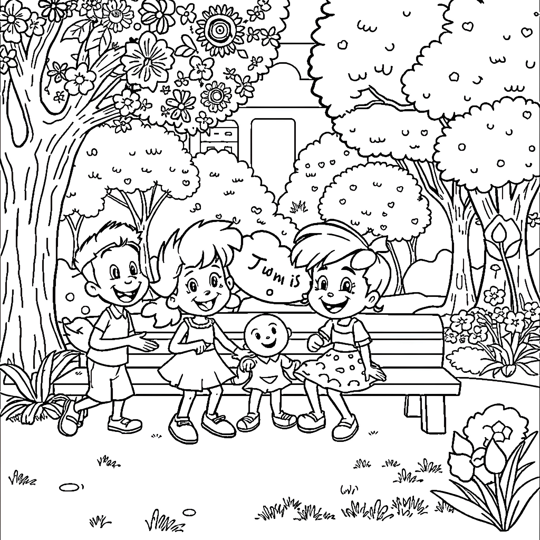 Dandy Children Enjoying a Vibrant Garden Scene Coloring Page (free black-and-white line drawing printable PDF for all, from beginners to advanced learners, including children, teens, adults, and seniors)