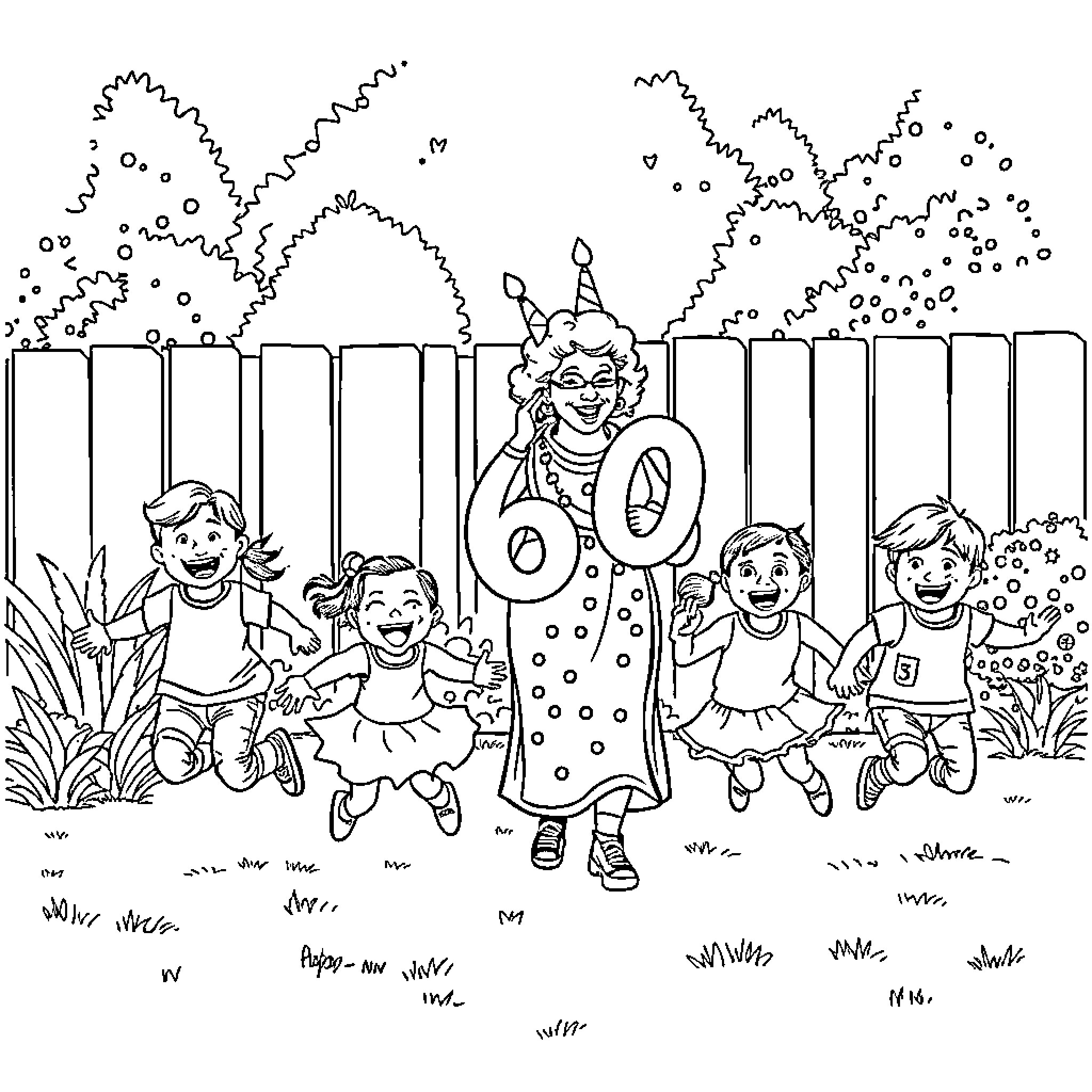 Grandma Celebrates with Joyful Children Coloring Page (free black-and-white line drawing printable PDF for all, from beginners to advanced learners, including children, teens, adults, and seniors)
