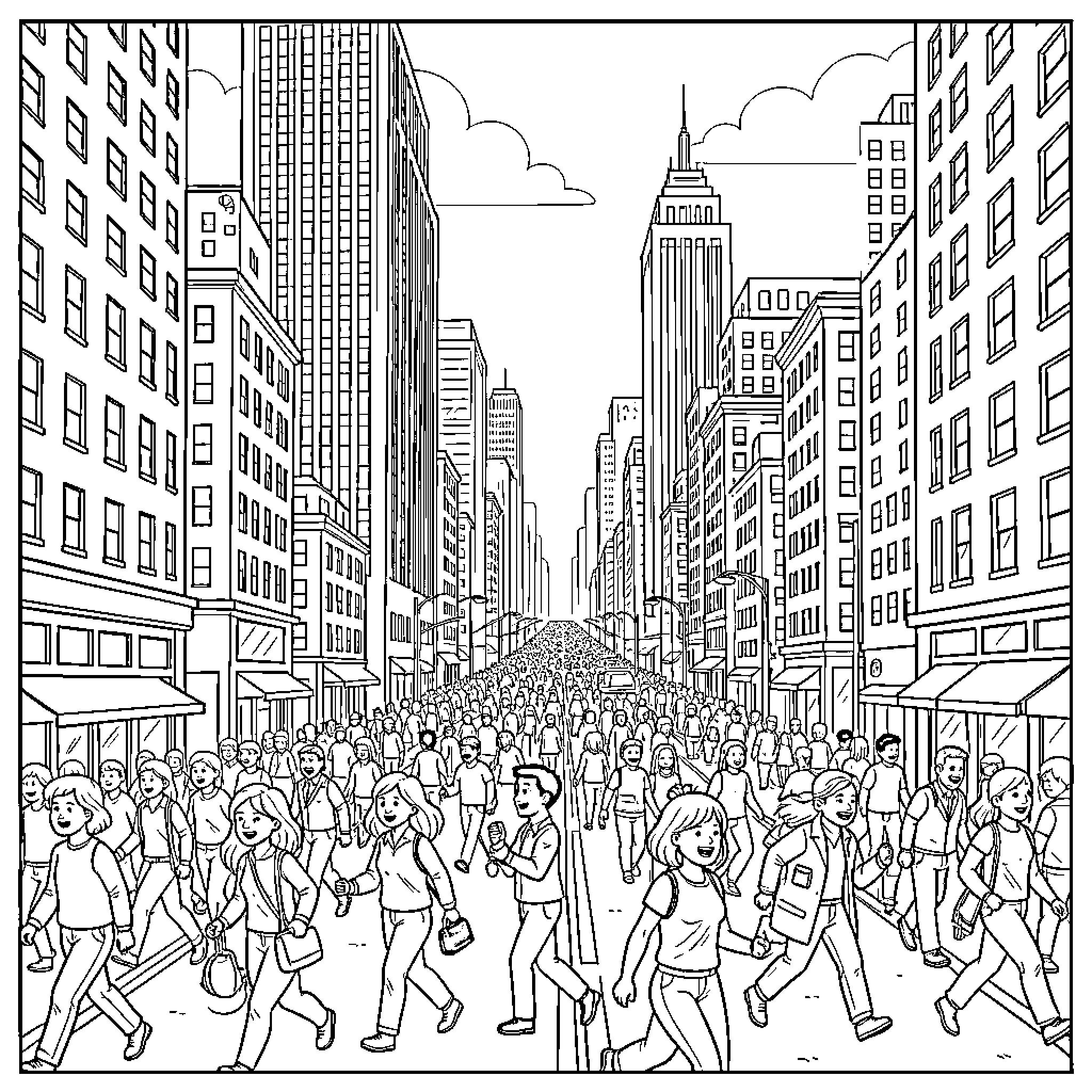 City street filled with busy crowds and towering buildings Coloring Page (free black-and-white line drawing printable PDF for all, from beginners to advanced learners, including children, teens, adults, and seniors)
