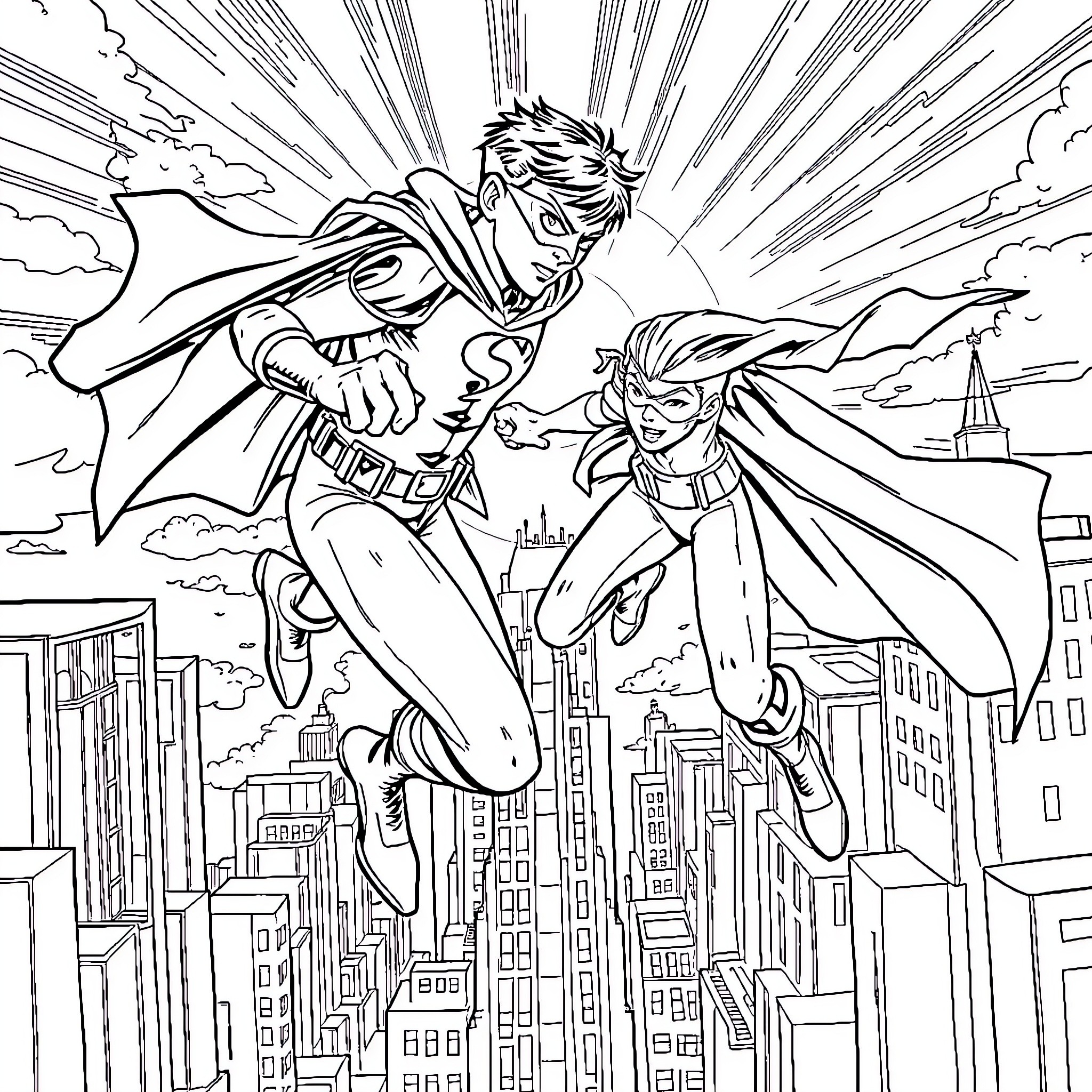 Robin's High-Flying Superhero Adventure Coloring Page (free black-and-white line drawing printable PDF for all, from beginners to advanced learners, including children, teens, adults, and seniors)