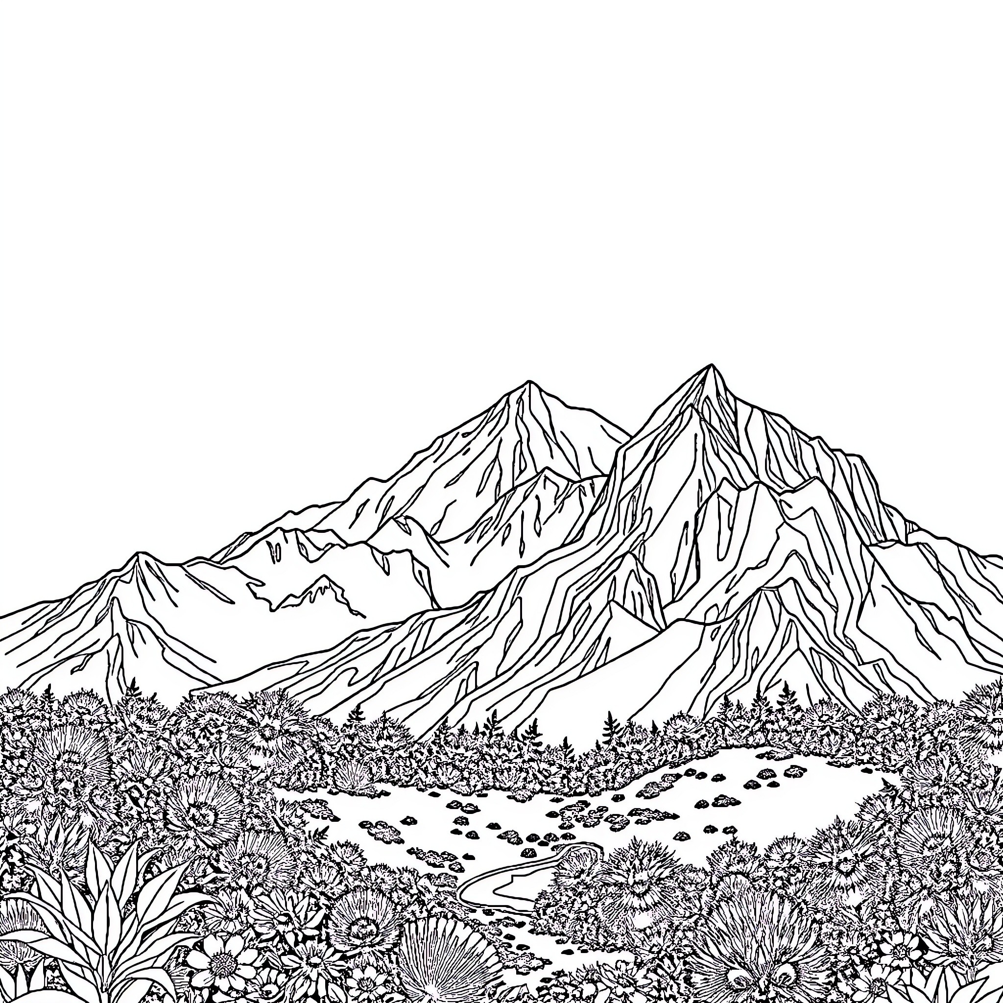 Mountain landscape with lush vegetation and meandering path Coloring Page (free black-and-white line drawing printable PDF for all, from beginners to advanced learners, including children, teens, adults, and seniors)