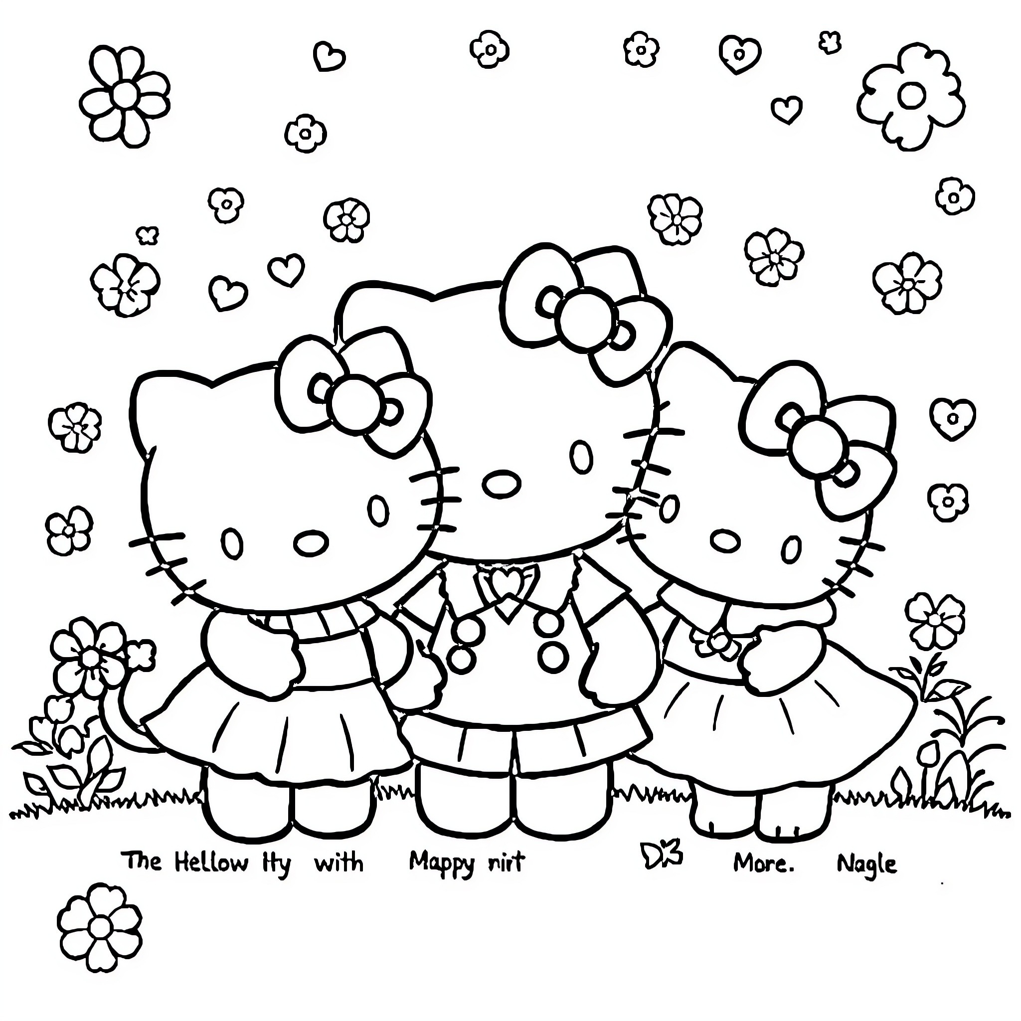 Hello Kitty with Happy Girls in the Meadow Coloring Page (free black-and-white line drawing printable PDF for all, from beginners to advanced learners, including children, teens, adults, and seniors)