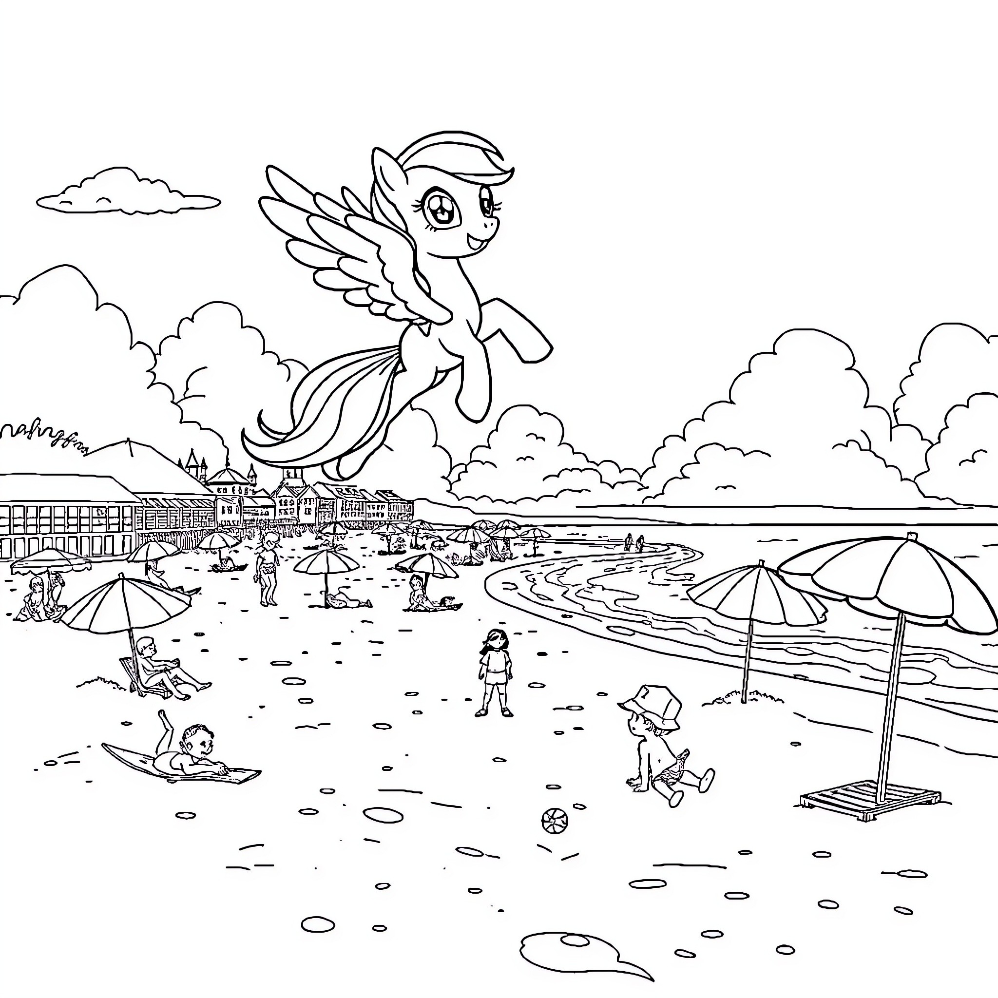 Rainbow Dash soaring over a beach scene Coloring Page (free black-and-white line drawing printable PDF for all, from beginners to advanced learners, including children, teens, adults, and seniors)