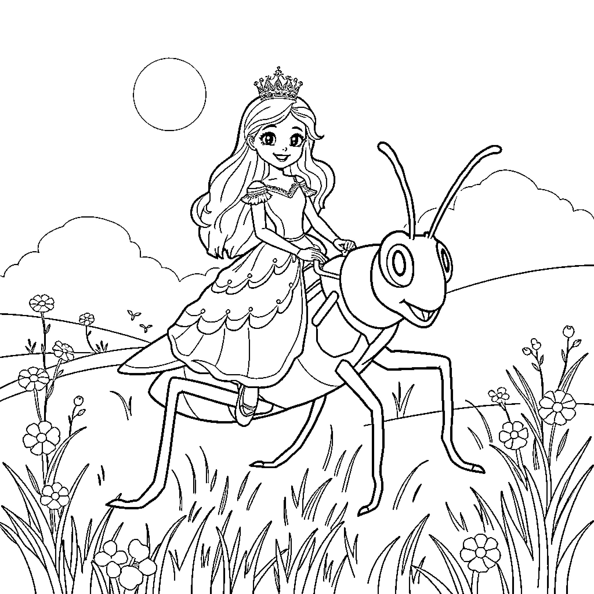 Princess riding a cute insect in the meadow Coloring Page (free black-and-white line drawing printable PDF for all, from beginners to advanced learners, including children, teens, adults, and seniors)