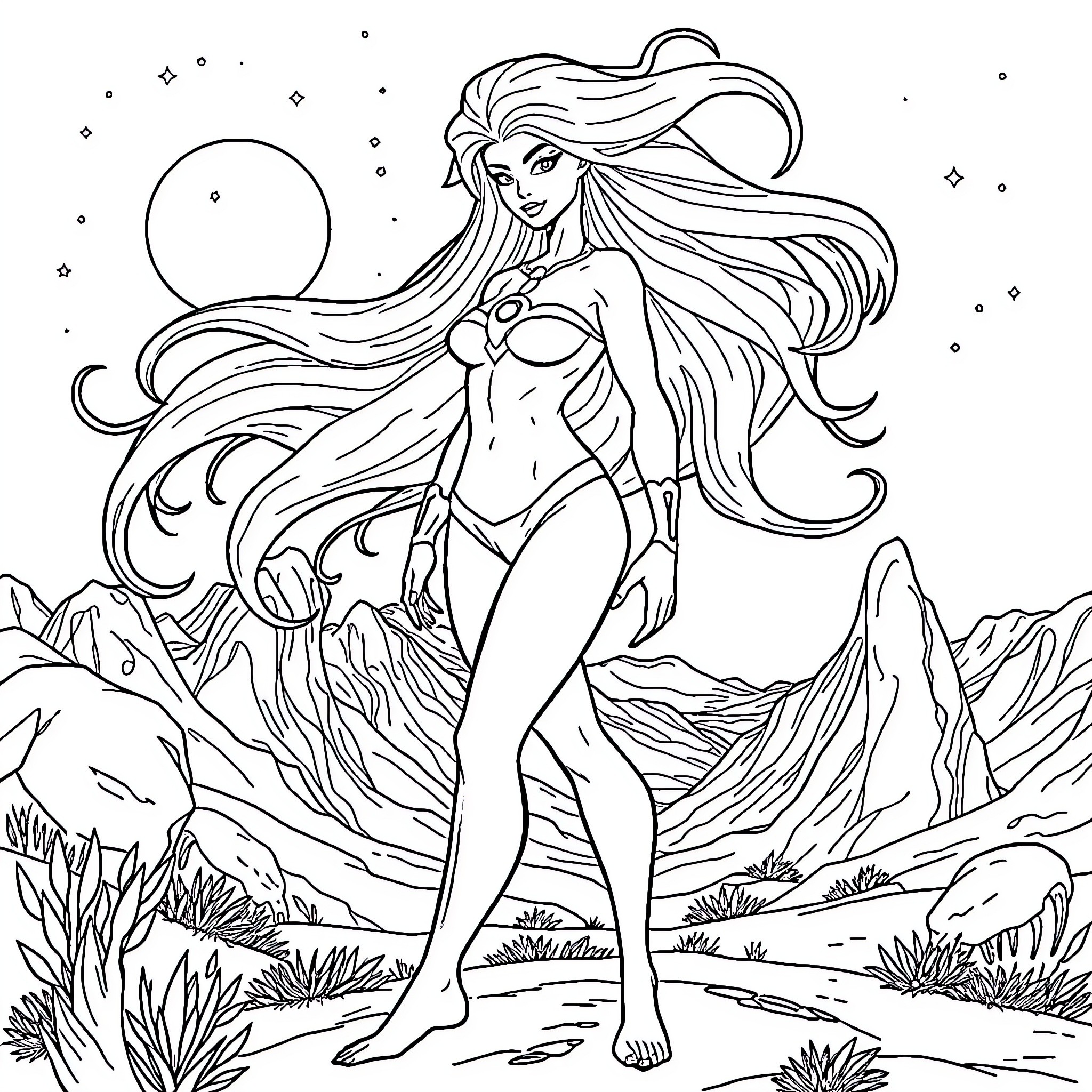 Starfire in a Fantastical Landscape Coloring Page (free black-and-white line drawing printable PDF for all, from beginners to advanced learners, including children, teens, adults, and seniors)