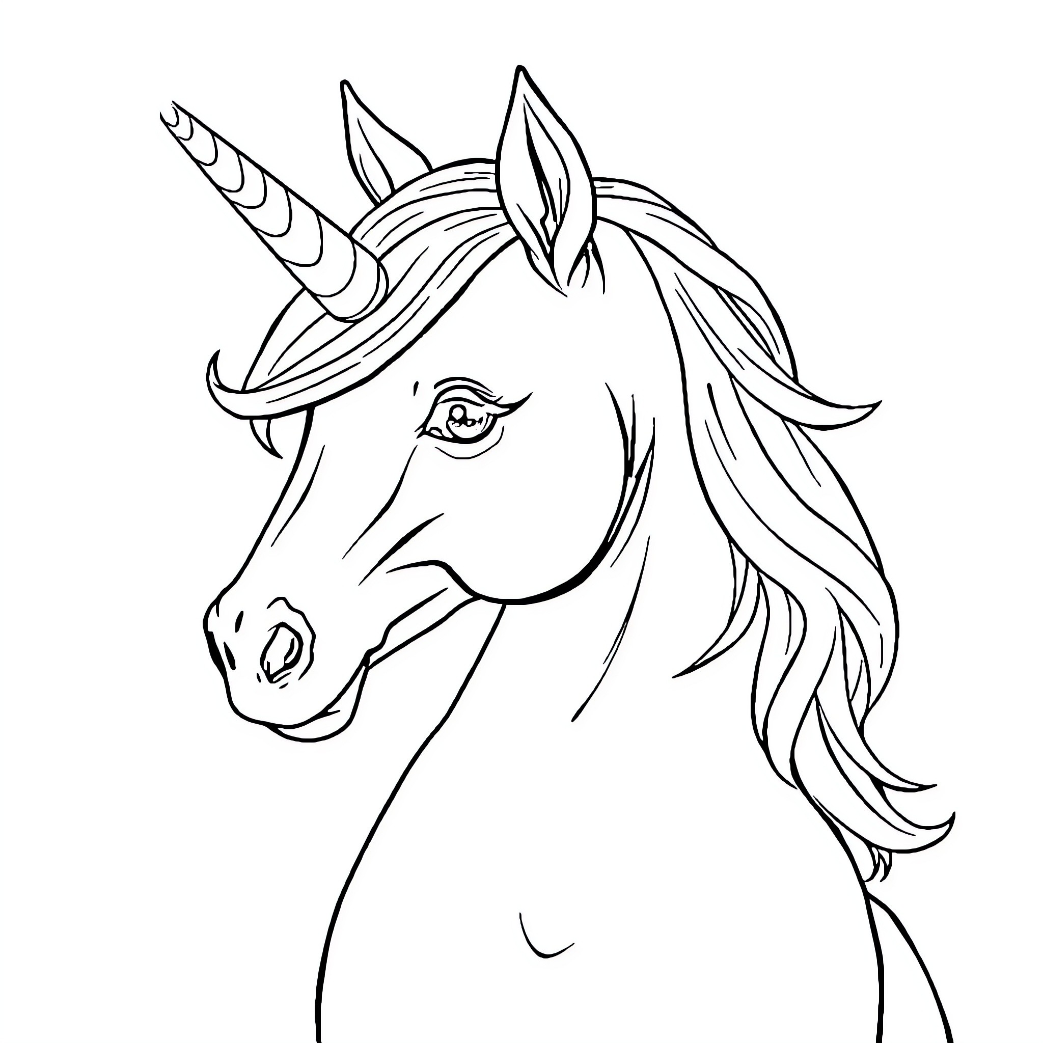 Unicorn with a majestic horn and flowing mane Coloring Page (free black-and-white line drawing printable PDF for all, from beginners to advanced learners, including children, teens, adults, and seniors)