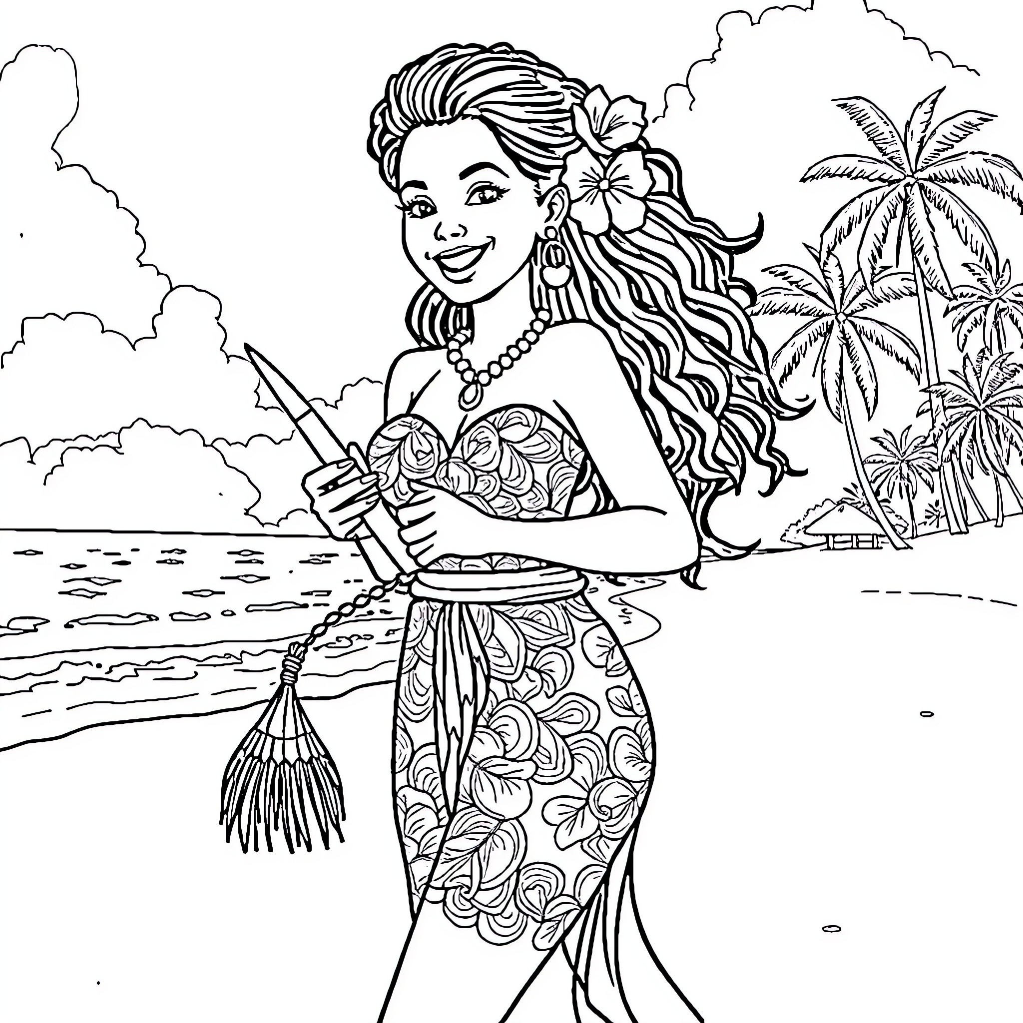 Tahitian woman on a scenic tropical beach Coloring Page (free black-and-white line drawing printable PDF for all, from beginners to advanced learners, including children, teens, adults, and seniors)