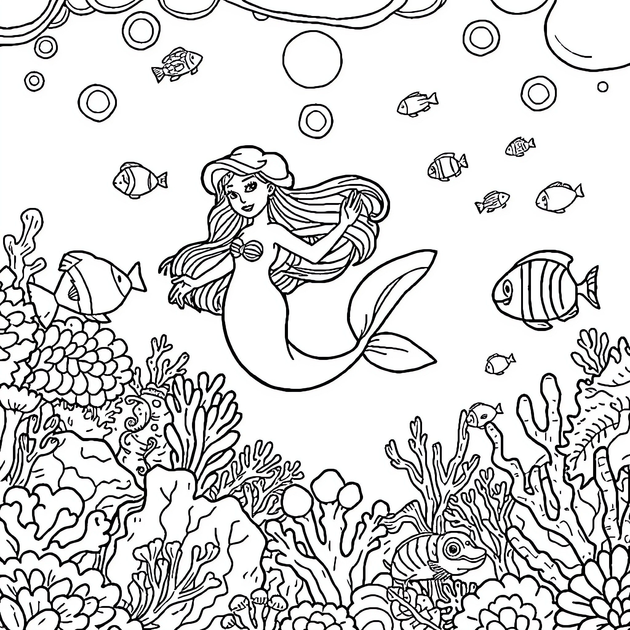 Mermaid swimming joyfully in the underwater world Coloring Page (free black-and-white line drawing printable PDF for all, from beginners to advanced learners, including children, teens, adults, and seniors)