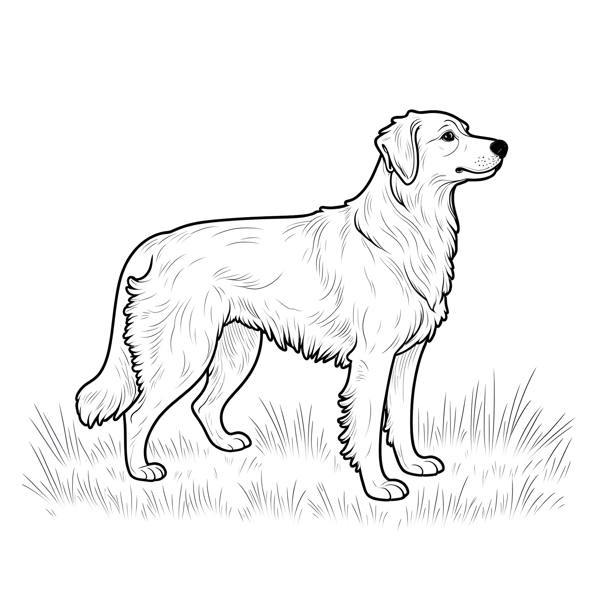Australian Shepherd standing in a field Coloring Page (free black-and-white line drawing printable PDF for all, from beginners to advanced learners, including children, teens, adults, and seniors)