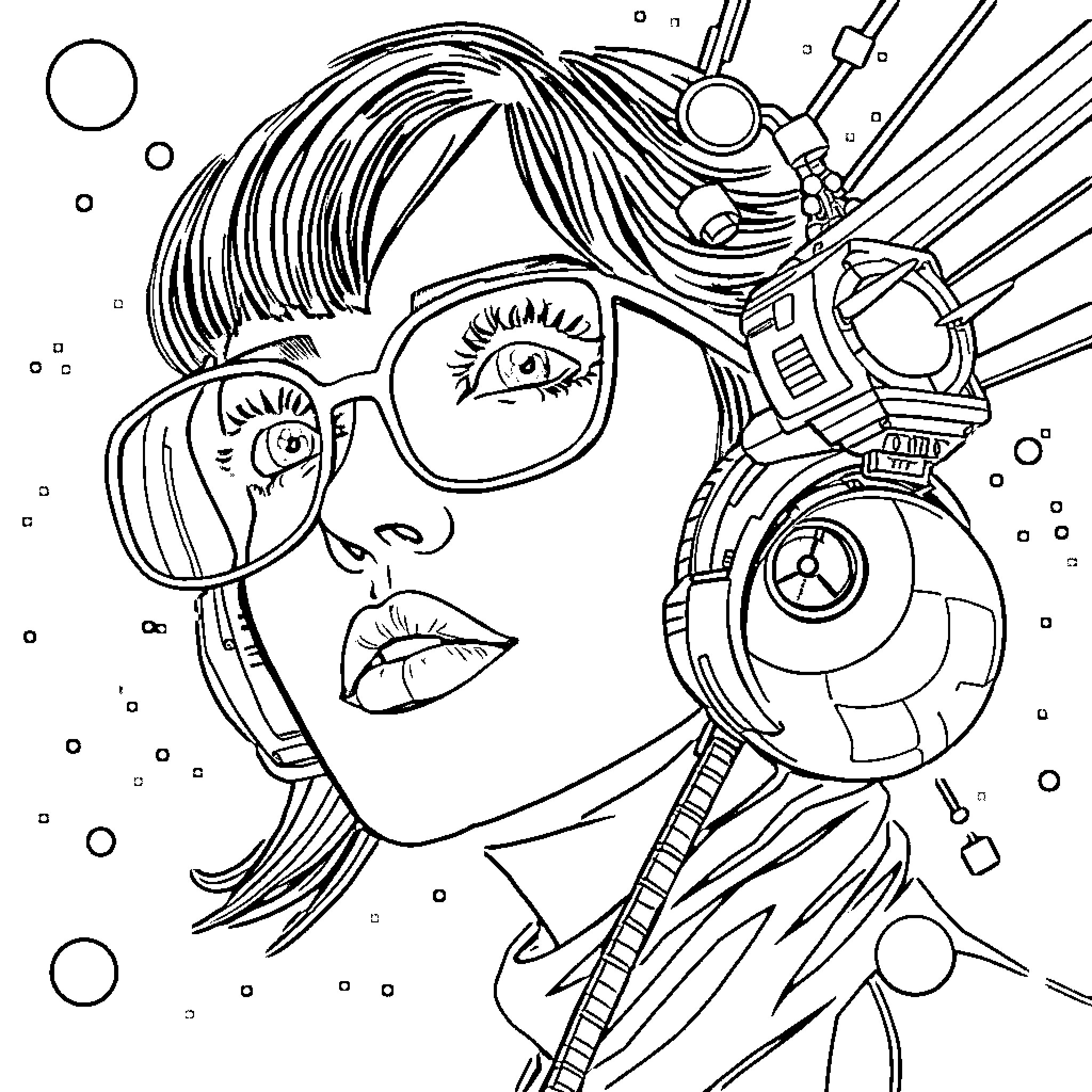 Woman in futuristic sci-fi attire with mechanical goggles Coloring Page (free black-and-white line drawing printable PDF for all, from beginners to advanced learners, including children, teens, adults, and seniors)