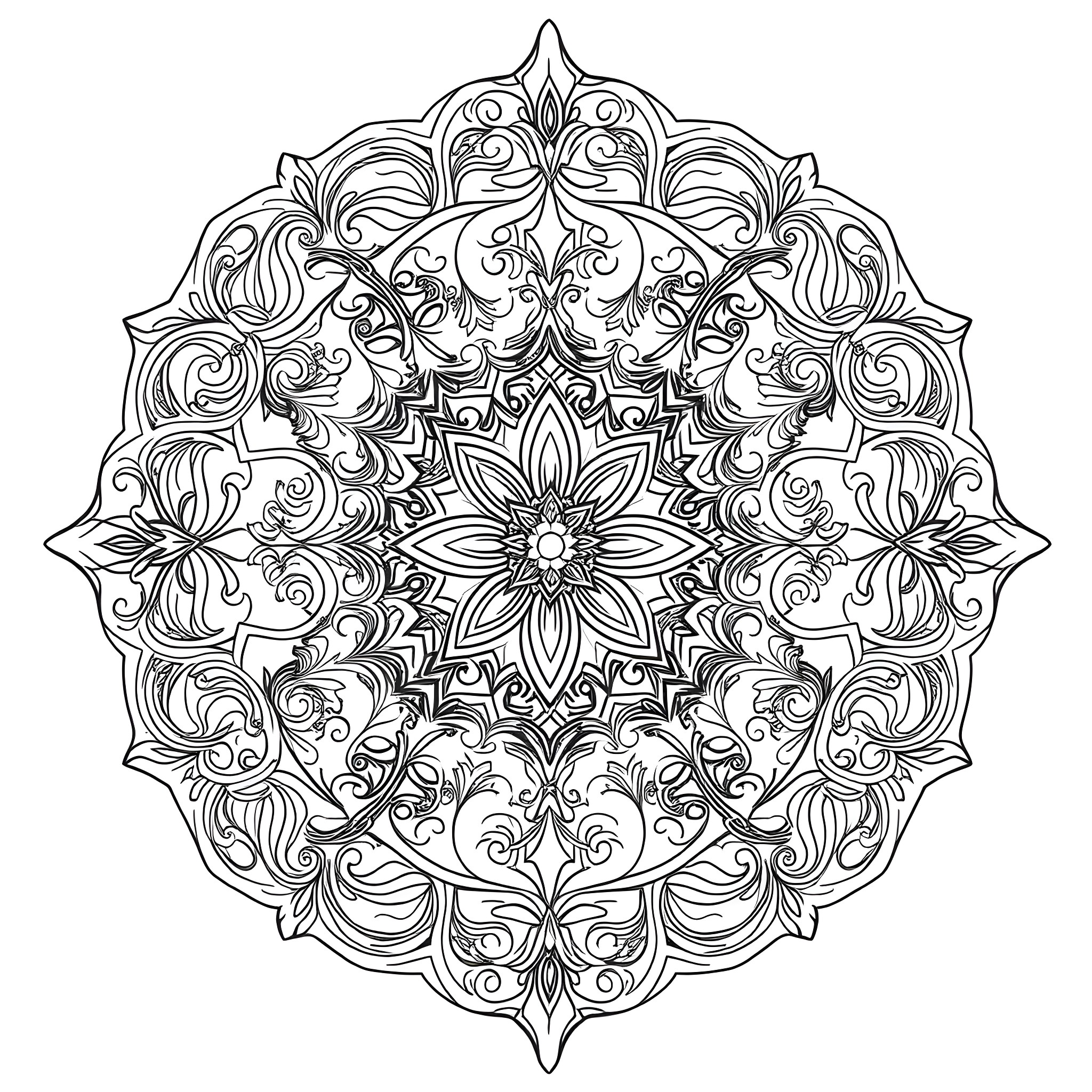 Stained Glass Mandala with Intricate Floral Patterns Coloring Page (free black-and-white line drawing printable PDF for all, from beginners to advanced learners, including children, teens, adults, and seniors)