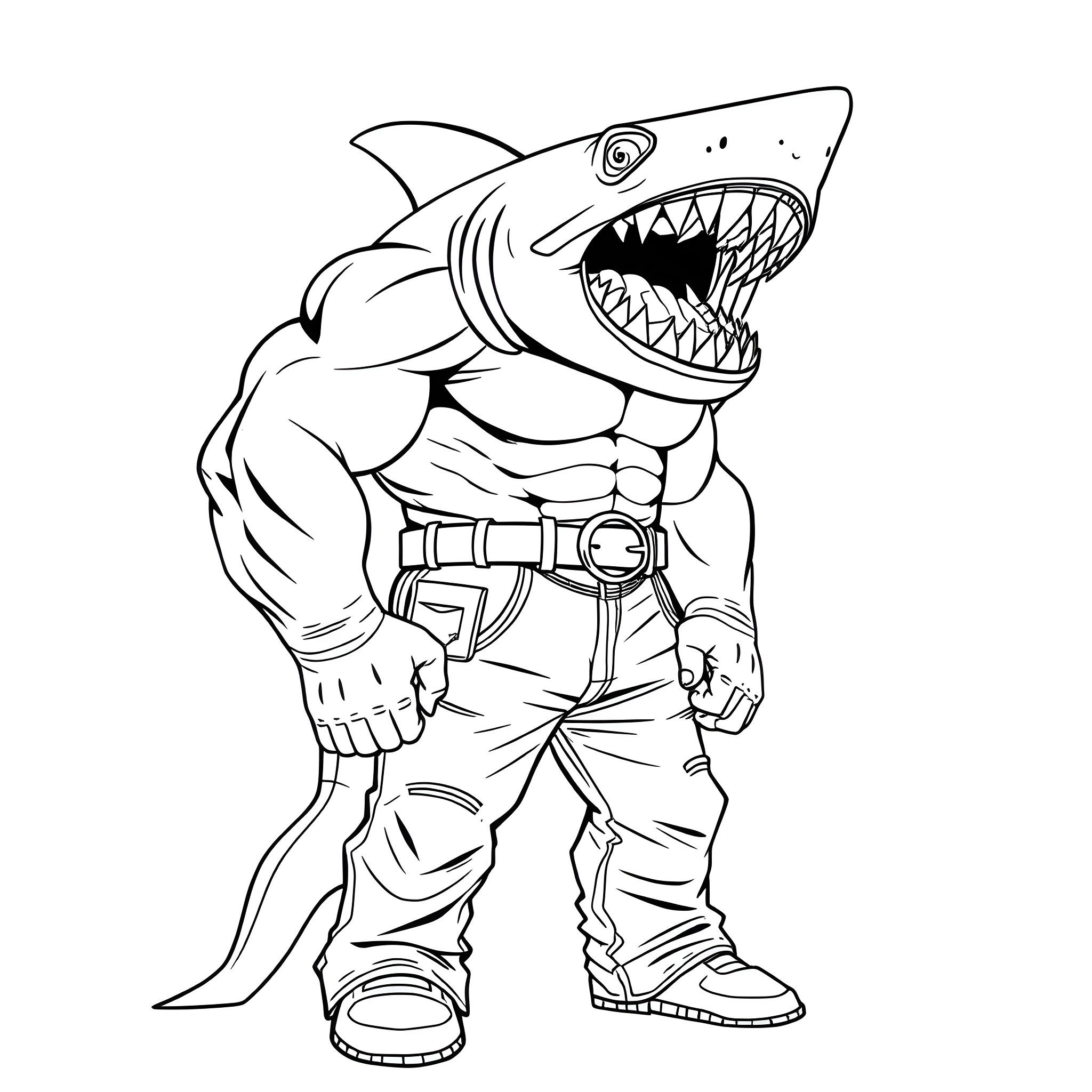 Shark-like creature in fighting stance Coloring Page (free black-and-white line drawing printable PDF for all, from beginners to advanced learners, including children, teens, adults, and seniors)