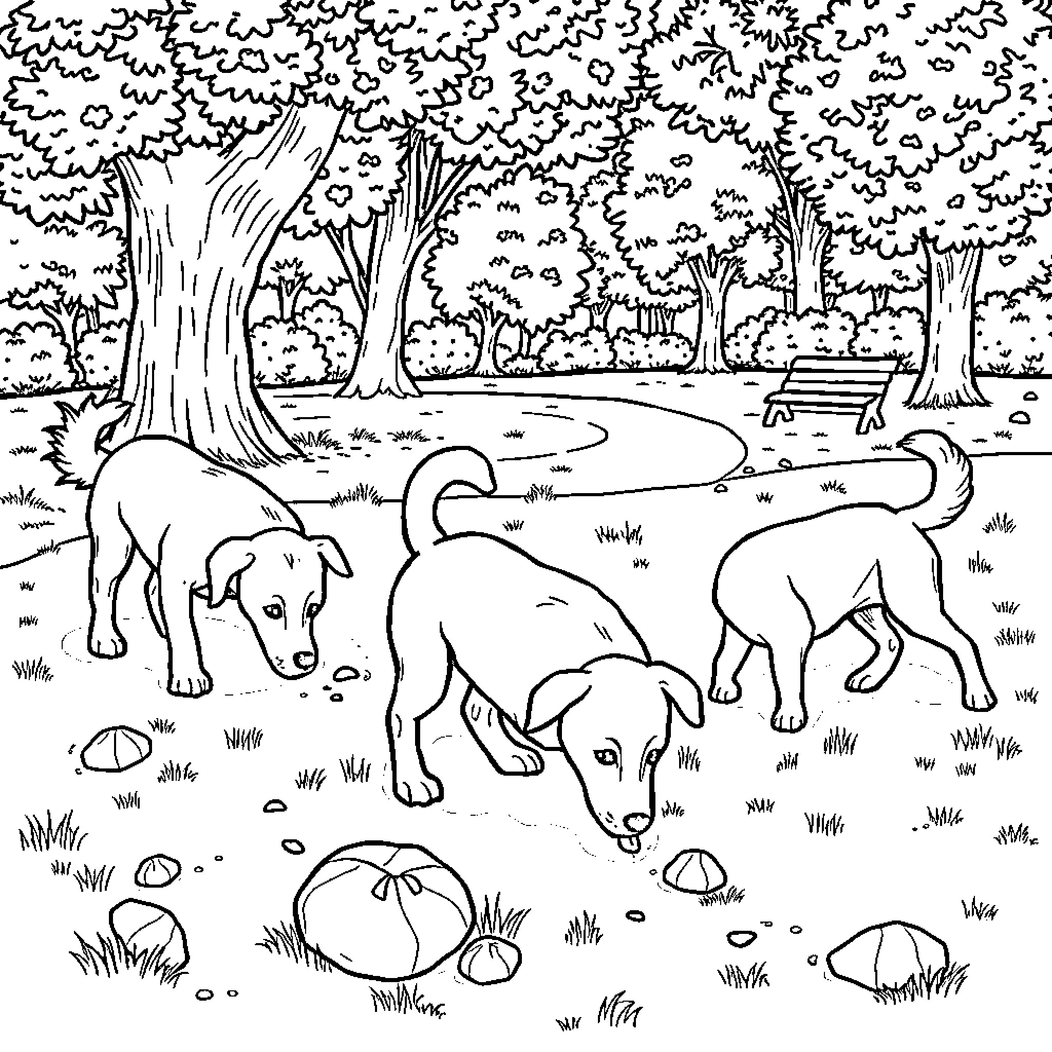 Dog Exploring Nature's Wonders in a Scenic Park Coloring Page (free black-and-white line drawing printable PDF for all, from beginners to advanced learners, including children, teens, adults, and seniors)