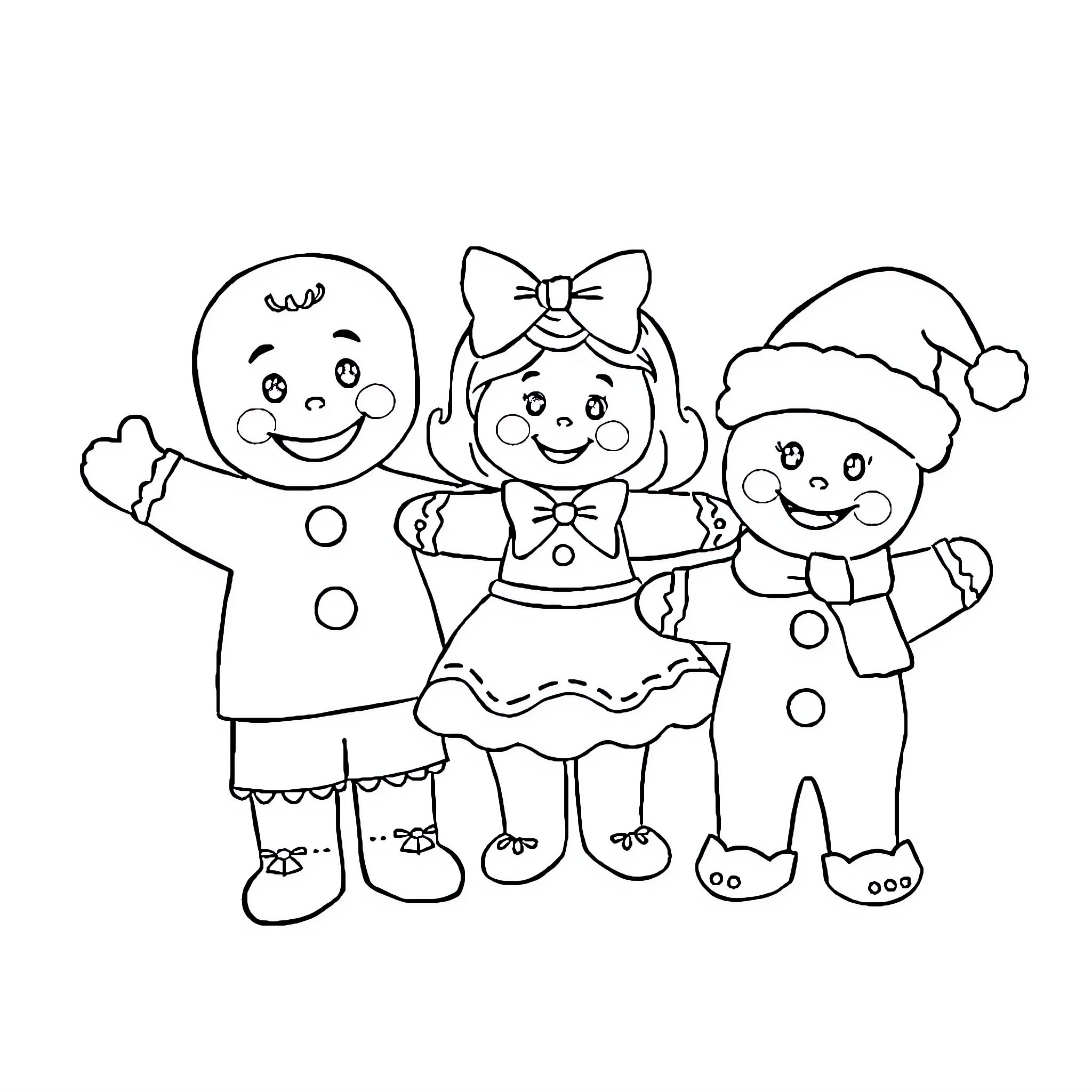 Gingerbread family in festive outfits Coloring Page (free black-and-white line drawing printable PDF for all, from beginners to advanced learners, including children, teens, adults, and seniors)