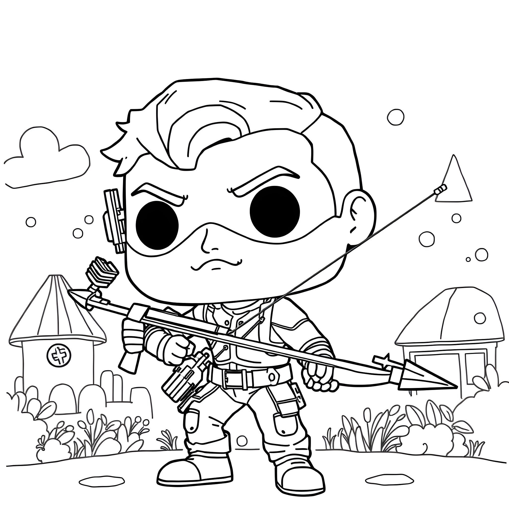 Hawkeye ready for action in the field Coloring Page (free black-and-white line drawing printable PDF for all, from beginners to advanced learners, including children, teens, adults, and seniors)