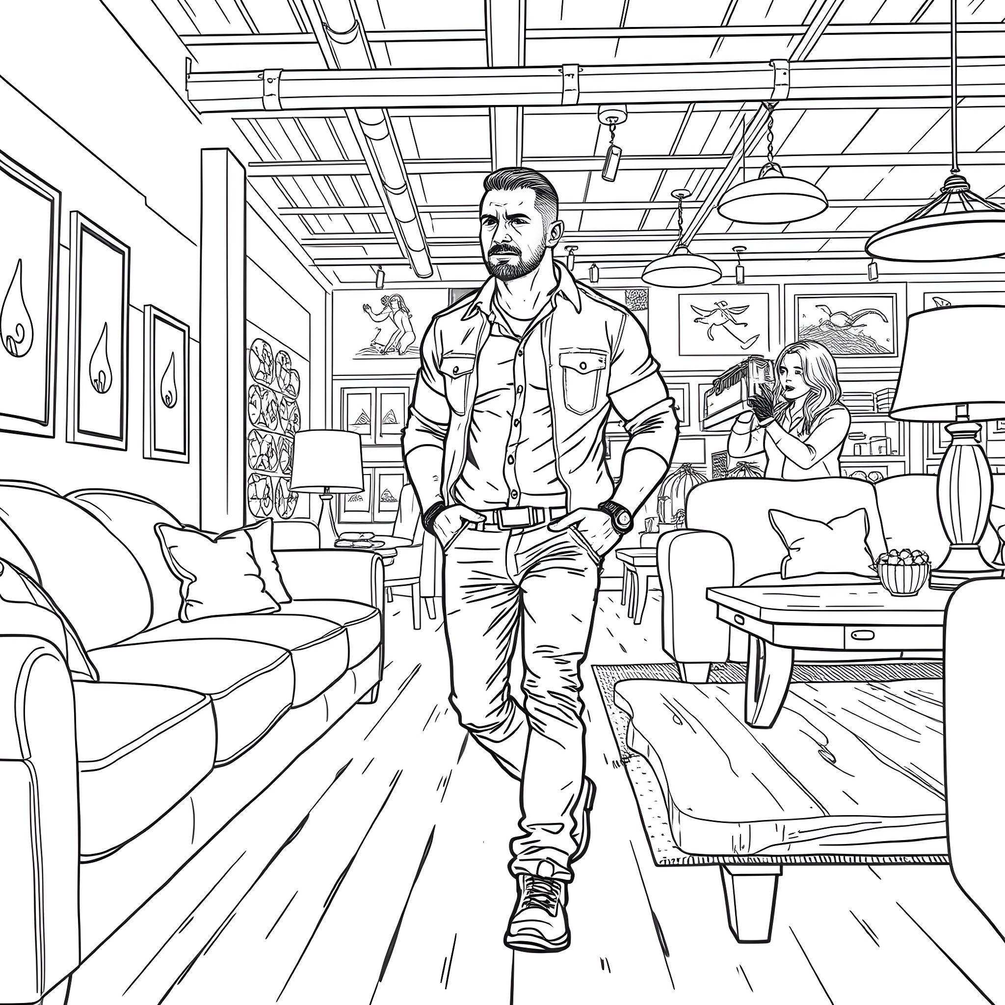 Stone Cold Steve Austin exploring a cozy living room Coloring Page (free black-and-white line drawing printable PDF for all, from beginners to advanced learners, including children, teens, adults, and seniors)