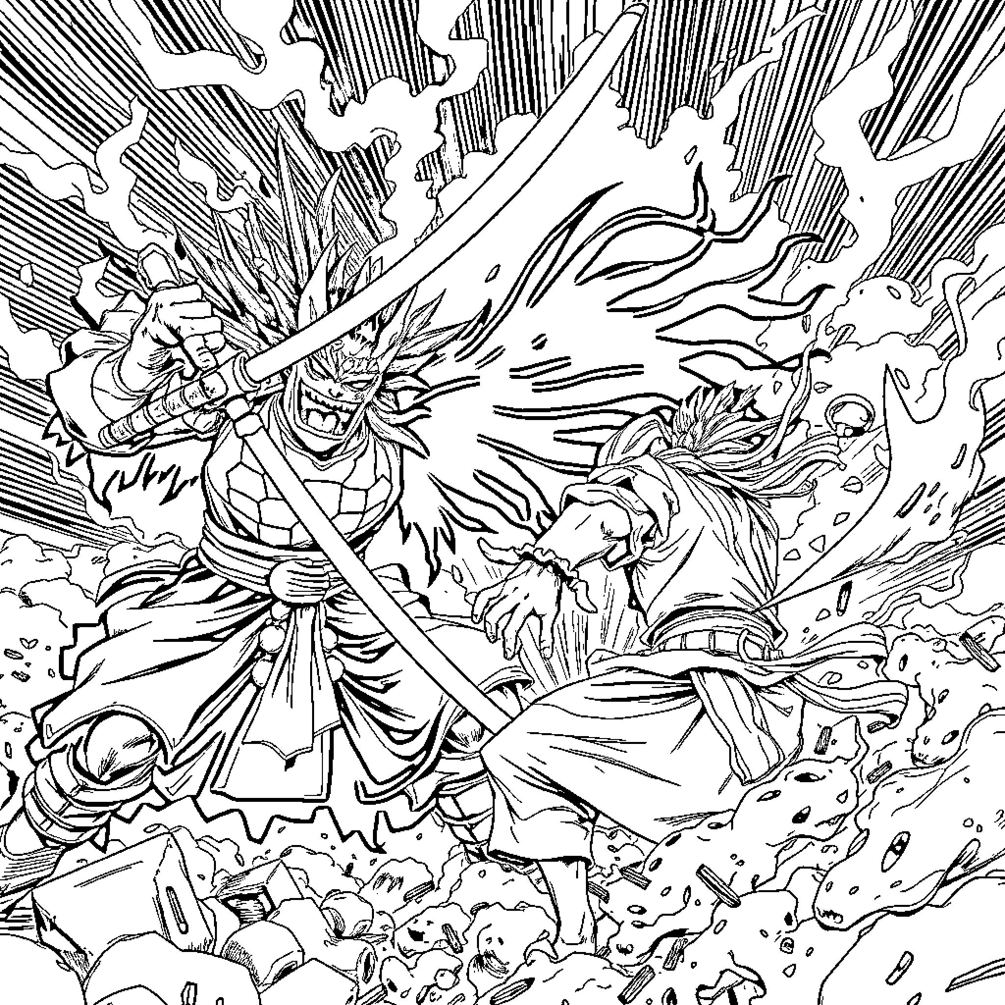 Mahoraga in Fiery Clash of Chaos Coloring Page (free black-and-white line drawing printable PDF for all, from beginners to advanced learners, including children, teens, adults, and seniors)